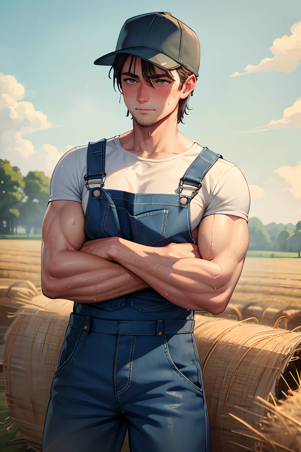 hot farmer man, muscles, dripping wet, overalls, pitchfork, hay, blushing face, slutty