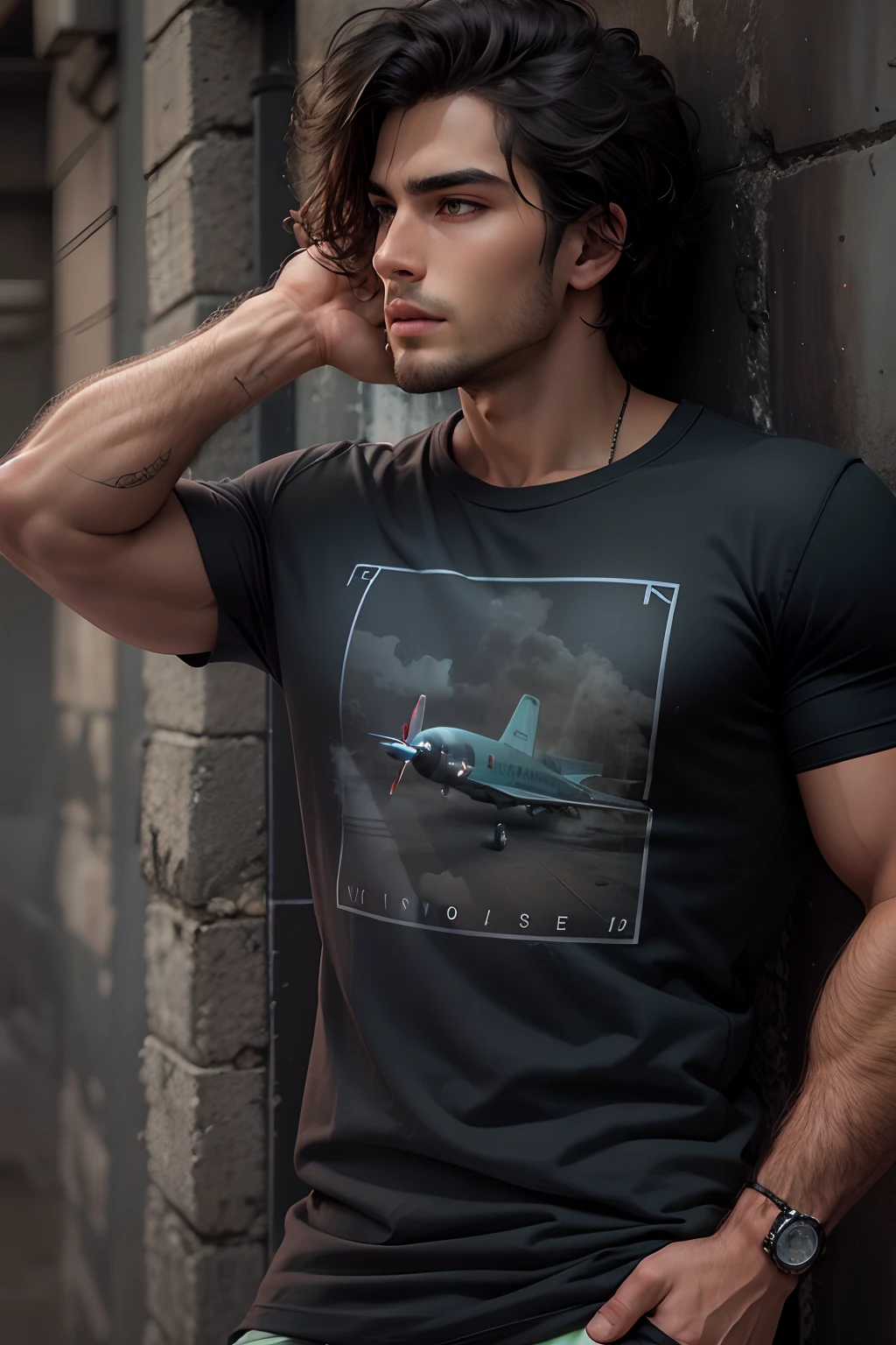 male model wearing plane charcoal black t-shirt, close up