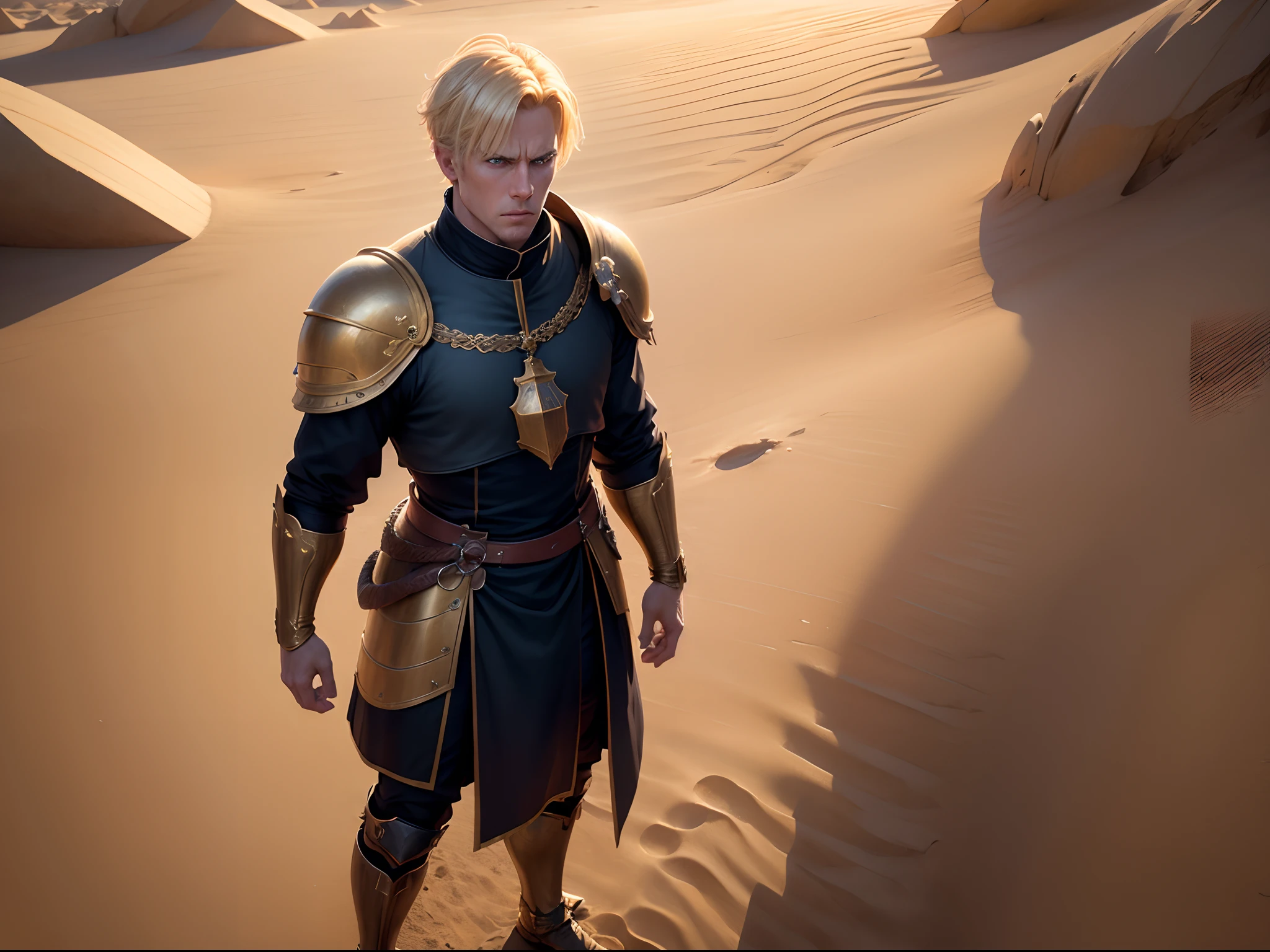 realistic 8k image of a blond man, short hair, strong, extremely detailed blue eyes, square chin, dressed in black cleric clothes and golden shoulder pads, expression of pain, standing in a sandy desert, looking down