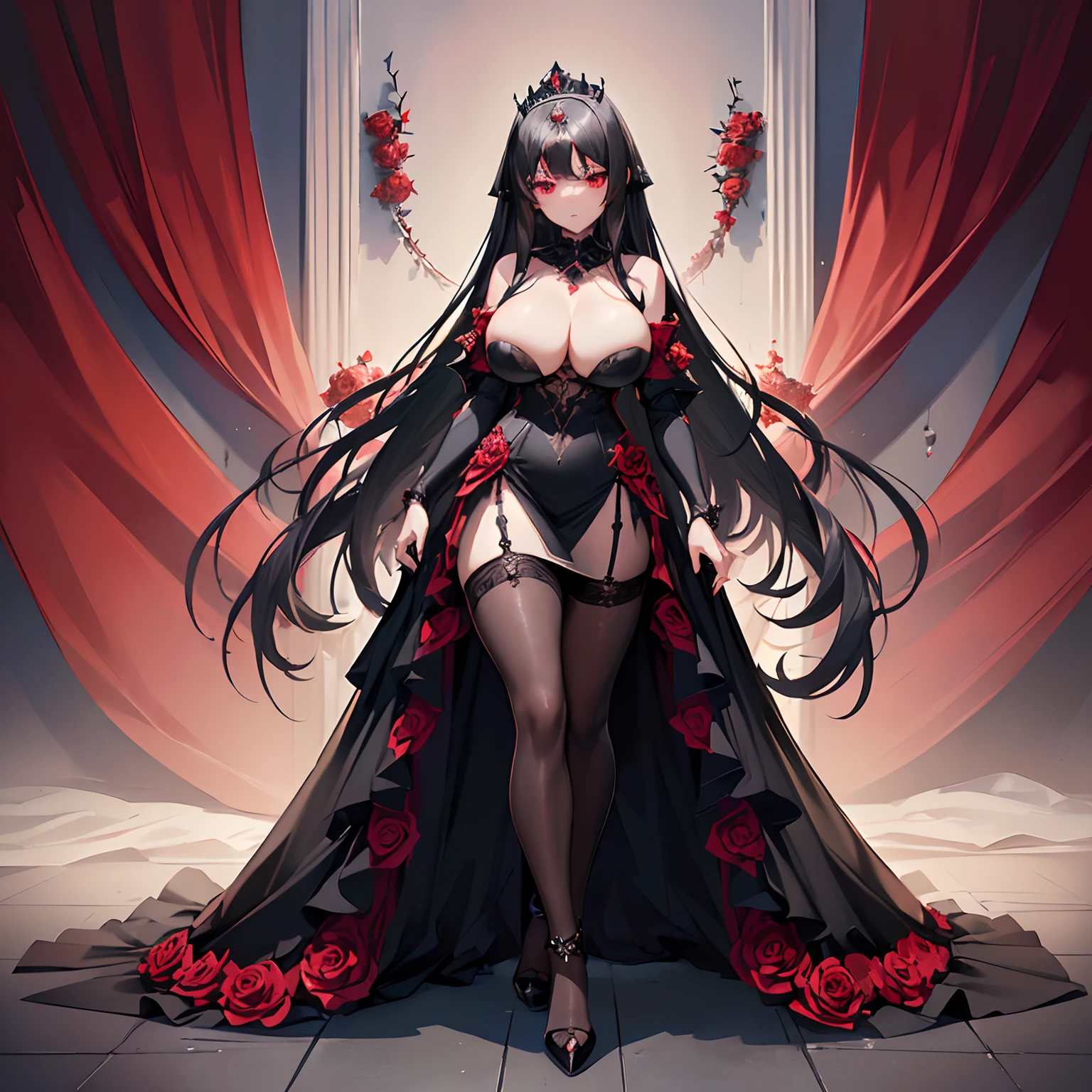 ((beautiful woman alone)) ((black long hair)) ((armor dress with cleavage)) ((alone)) ((big boobs)) ((lingerie with pantyhose and high heels)) ((red pupil eyes)) ((full body)) ((princess of roses)) ((thorns crown)) ((warrior woman))