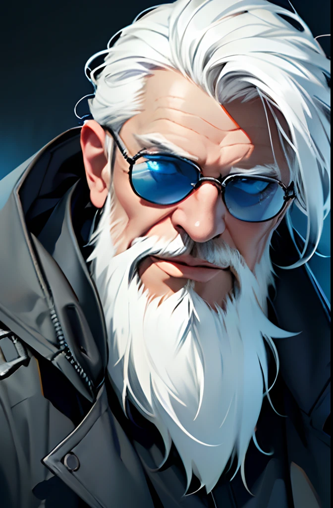 (best quality,highres,realistic,1.2),portrait,a old man with a long white beard and white hair wearing sunglasses and a blue parka,with bright blue eyes,a goofy smile,a serious expression,a dark and mysterious atmosphere