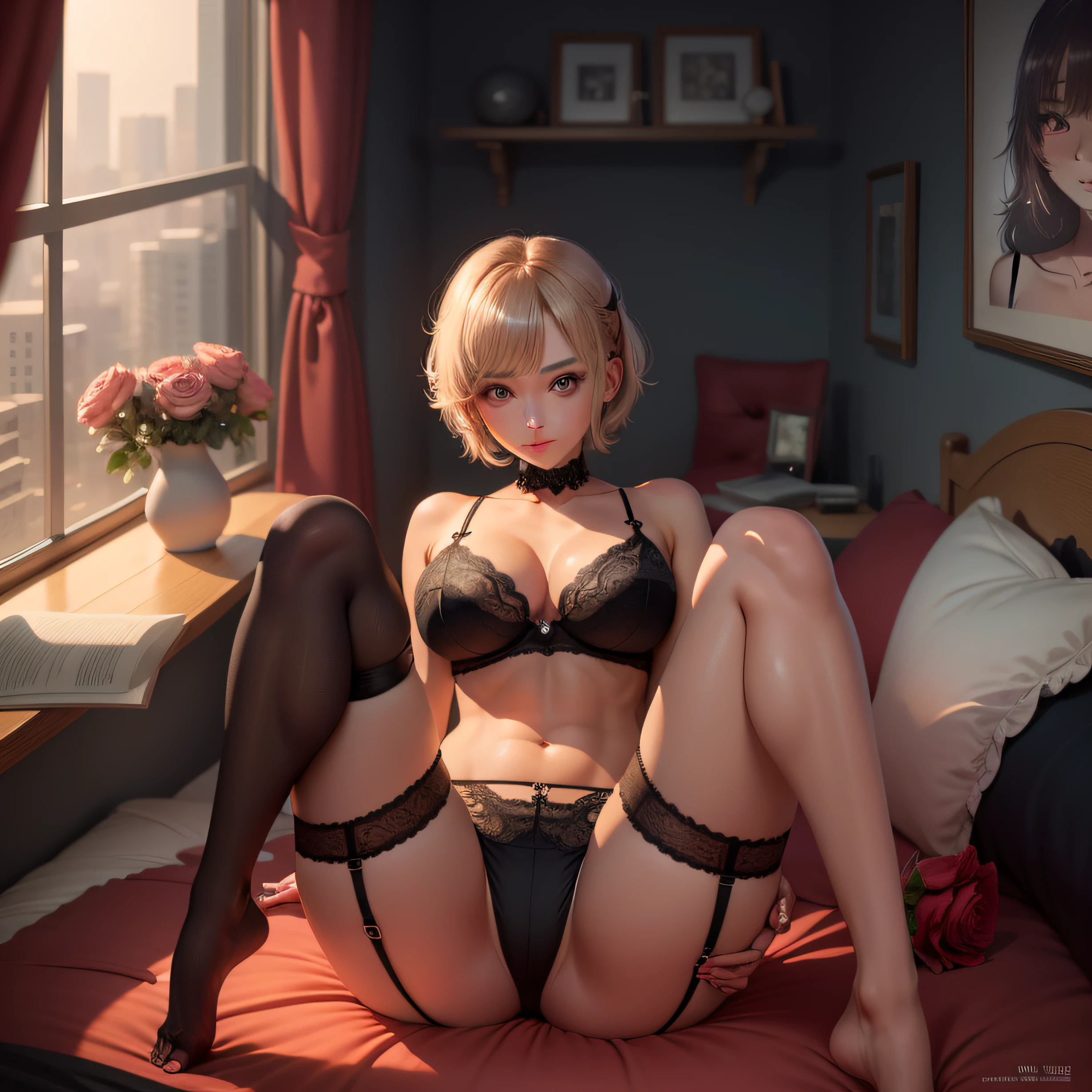 super high image, super detail, super high resolution, anime, manga, illustration, super beautiful female, glossy short hair, sparkling big eyes, alluring moist big thick lips, shy, ecstatic expression, amorous expression, seductive look, large breasts, abs, perfect proportion, slender, lace lingerie very small bra and thong skimpy bottom panty, garter belt, knee high socks, thighs, bedroom, professional lighting, bedroom, on the bed with roses, tattoo on leg, pretty toes, see through lingerie