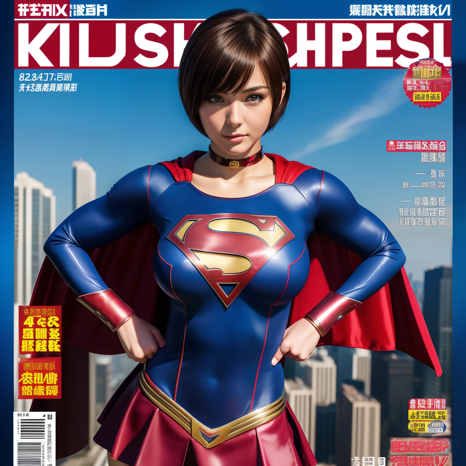 (Best Quality,4K,8K,hight resolution,masutepiece:1.2),Ultra-detailed,Realistic:1.37,Super masterpiece,Short-haired Supergirl、large full breasts、Looking at the camera、Glossy costume、a choker、Too short miniskirt、Weekly magazine cover、Powerful Pose、Covered in mud