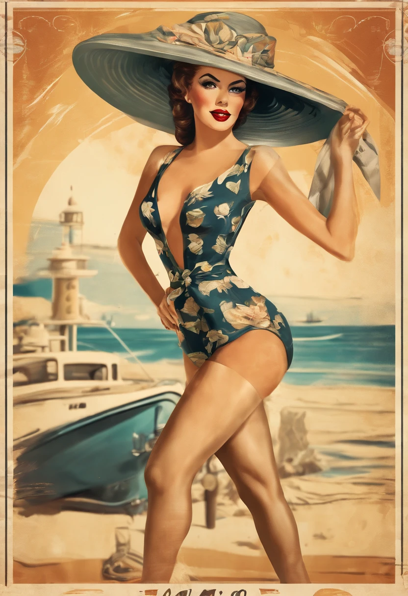 Vintage retro art printing, Poster of a sexy, Glamorosa chica pin-up con un sombrero de marinero, Bikini y medias de lunares