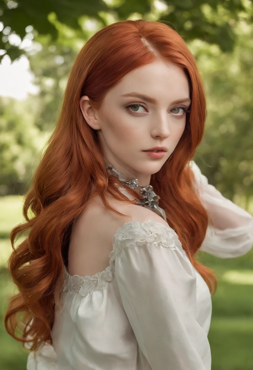 "Generate a hyper-realistic image of a 23-year-old woman with long, red hair in a park setting. Ensure that the facial expression and the details of the hair and the park environment are highly detailed and authentic."