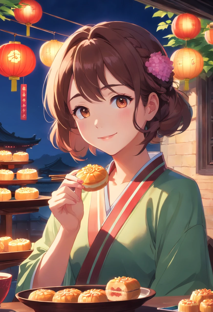 Masterpiece, Best quality, Night, full moon, Mid-Autumn Festival,1 mature woman eating mooncakes, Chinese style, Ancient China, Imperial sister, Smile, Dark brown hair, Dark hair, Princess cut, Fried dough twisted braid, Coiled hair, Double ball head, Light pink lips, calm, Intellectual, mid hair, Green eyes, Hairpin, hydrangea, Fine face, facial closeups, Close-up of the hand, Clothes in red