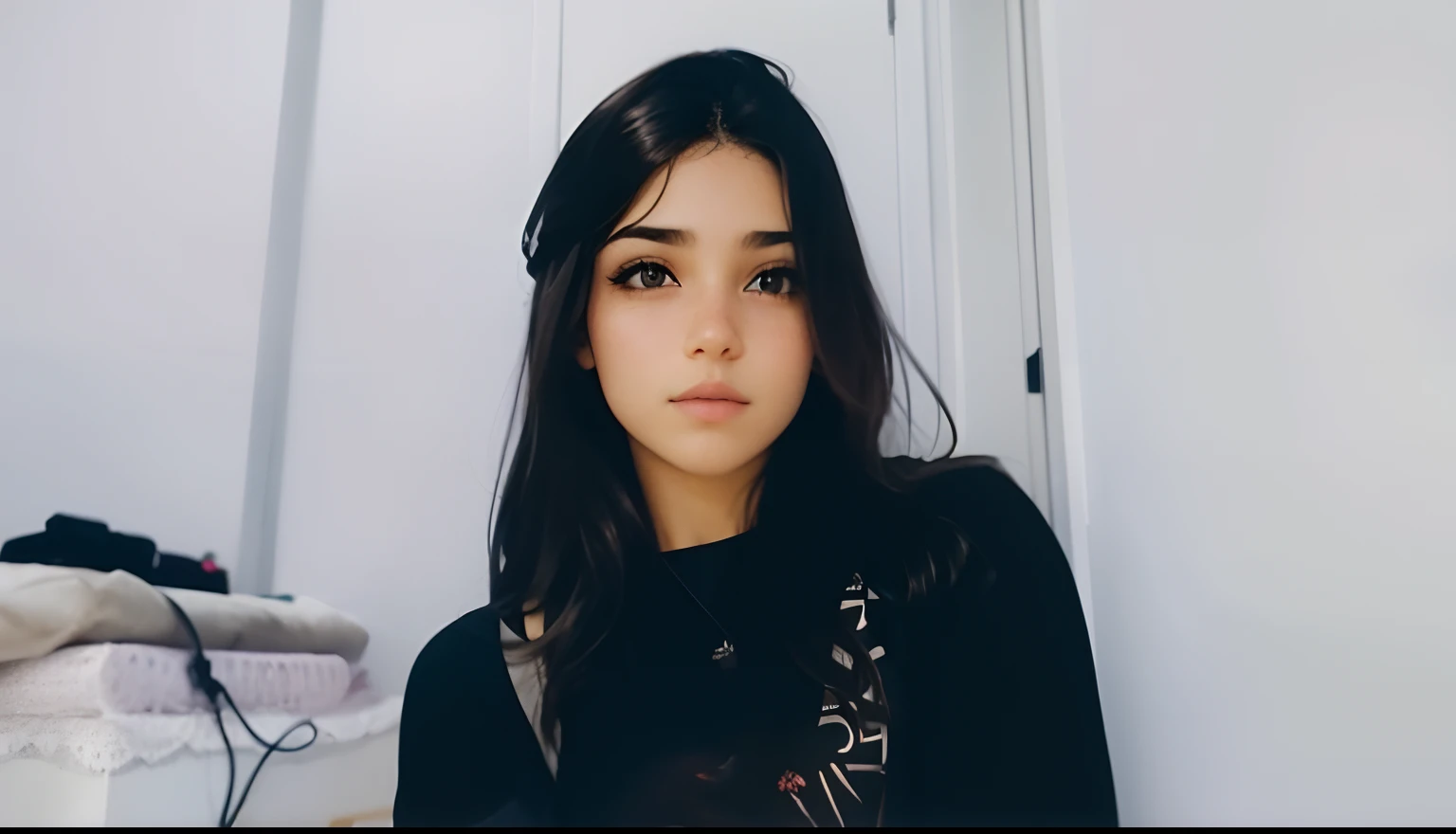 16-year-old girl, brunette, with straight brown hair, with brown eyes, Brazilian, pink mouth and large eyelashes