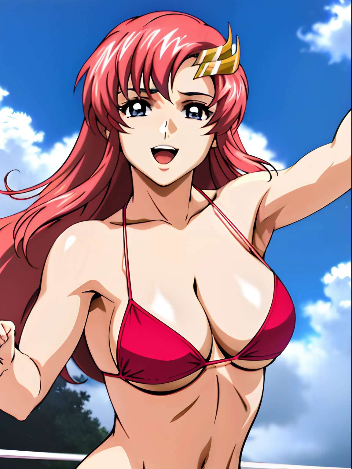 (masterpiece, upper body view, 4K, Best Quality, Anime style: 1.9,, Adult Woman, ultra detailed face, (cloud background, wrestling), Drawing lines, high resolution, Anime, lacus4), 1girl, Solo, curvy figure, Long hair, 鎖骨, scapular, (Detailed wide hair bangs, Hair Ornament, Detailed reddish-pink hair, golden crest), cleavage, large hands, (female wrestler). (Big blue eyes, shiny eyes), ((female wrestler, little biceps, slender body, broad shoulders, closed fists)), ((perfect proportions, medium breasts, long belly)), (((micro bikini, pink wrestling gear, champion))), happy, smile, open mouth, (holding mic, looking at the viewer), singing, showing off underarm, (elegant lady)