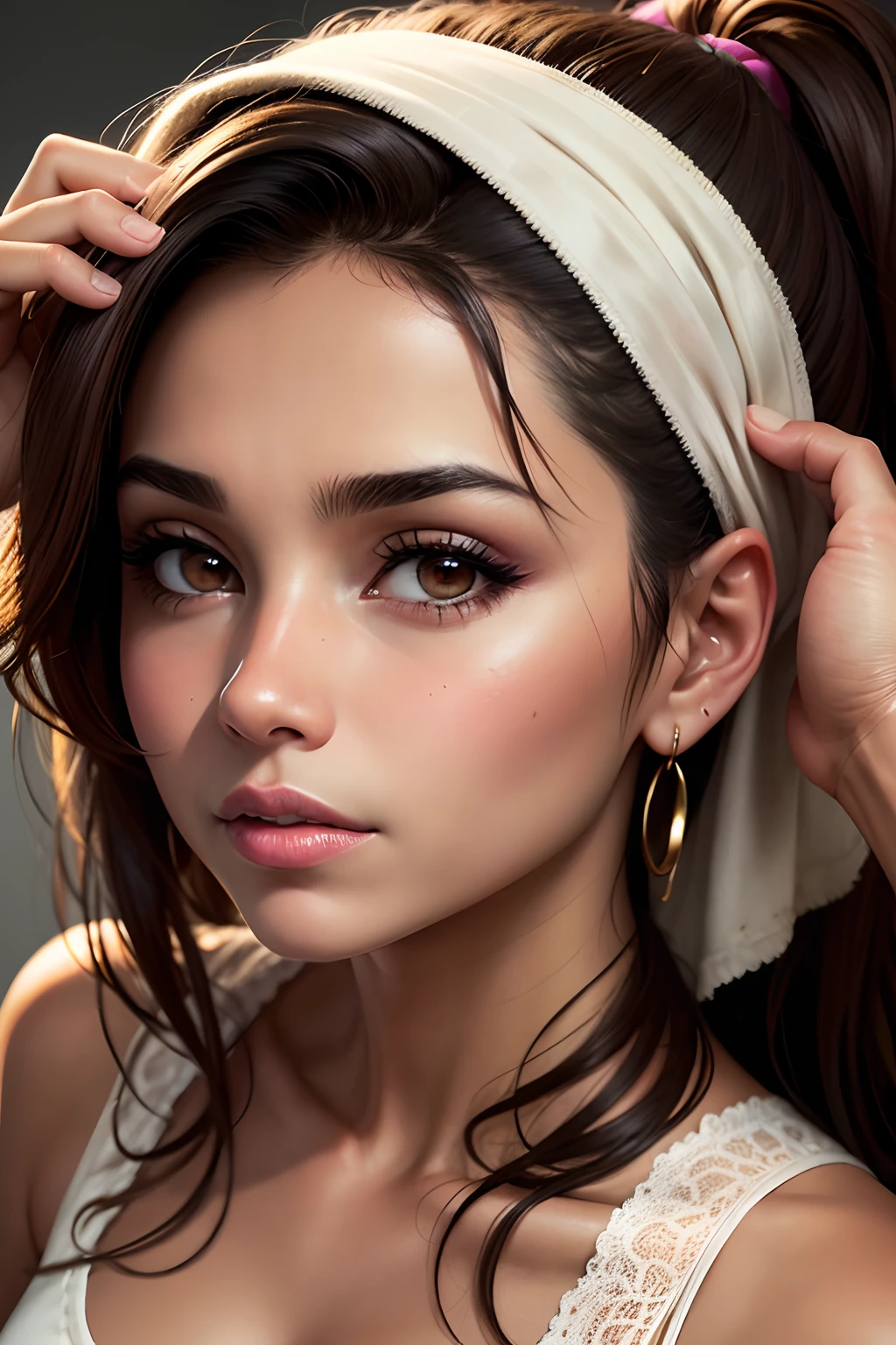 Believe me a very real image ,Style Photograph of a Latina Type Brown Woman, removing makeup from your face, donde se aprecie la parte natural de la mujer