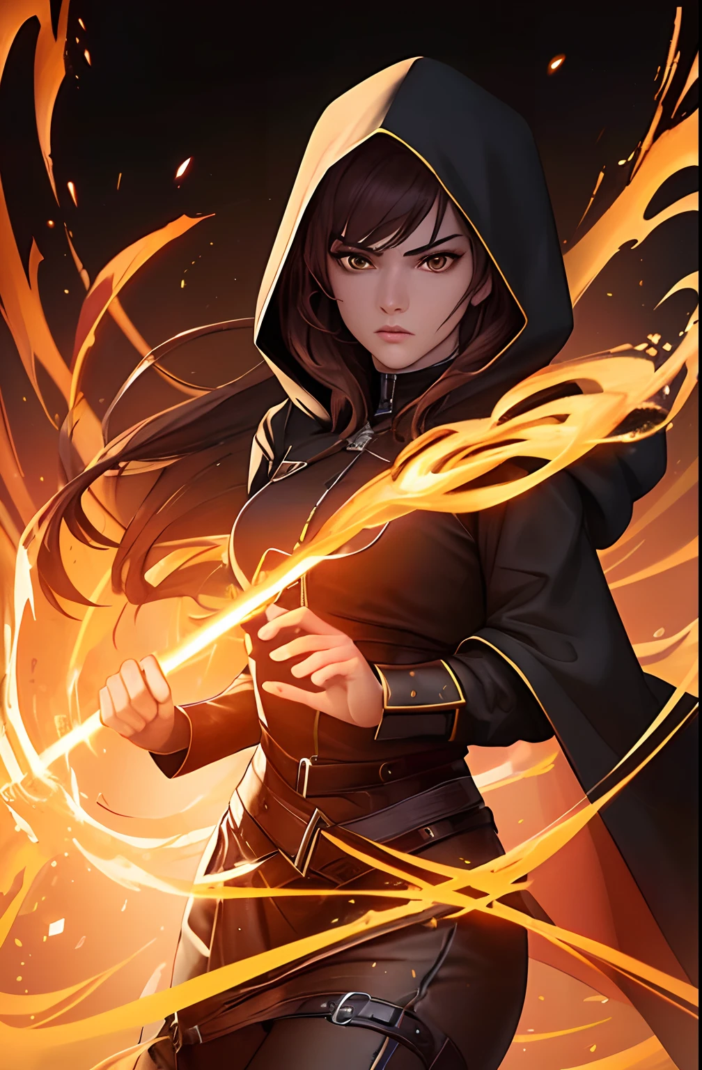 kk, best quality, more details, masterpiece, 1 girl, female focus, solo, An assassin woman in a black hooded suit, a fire mage,  brown background, orange eyes, long hair, brown hair, looking at viewer, luxurious, 8k, detailed, ray tracing, depth of field, cinematic lighting, Simple yellow lines, simplified.