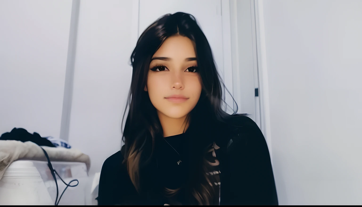 -yeld gi brunette, with straight brown hair, with brown eyes, Brazilian, pink mouth and large eyelashes