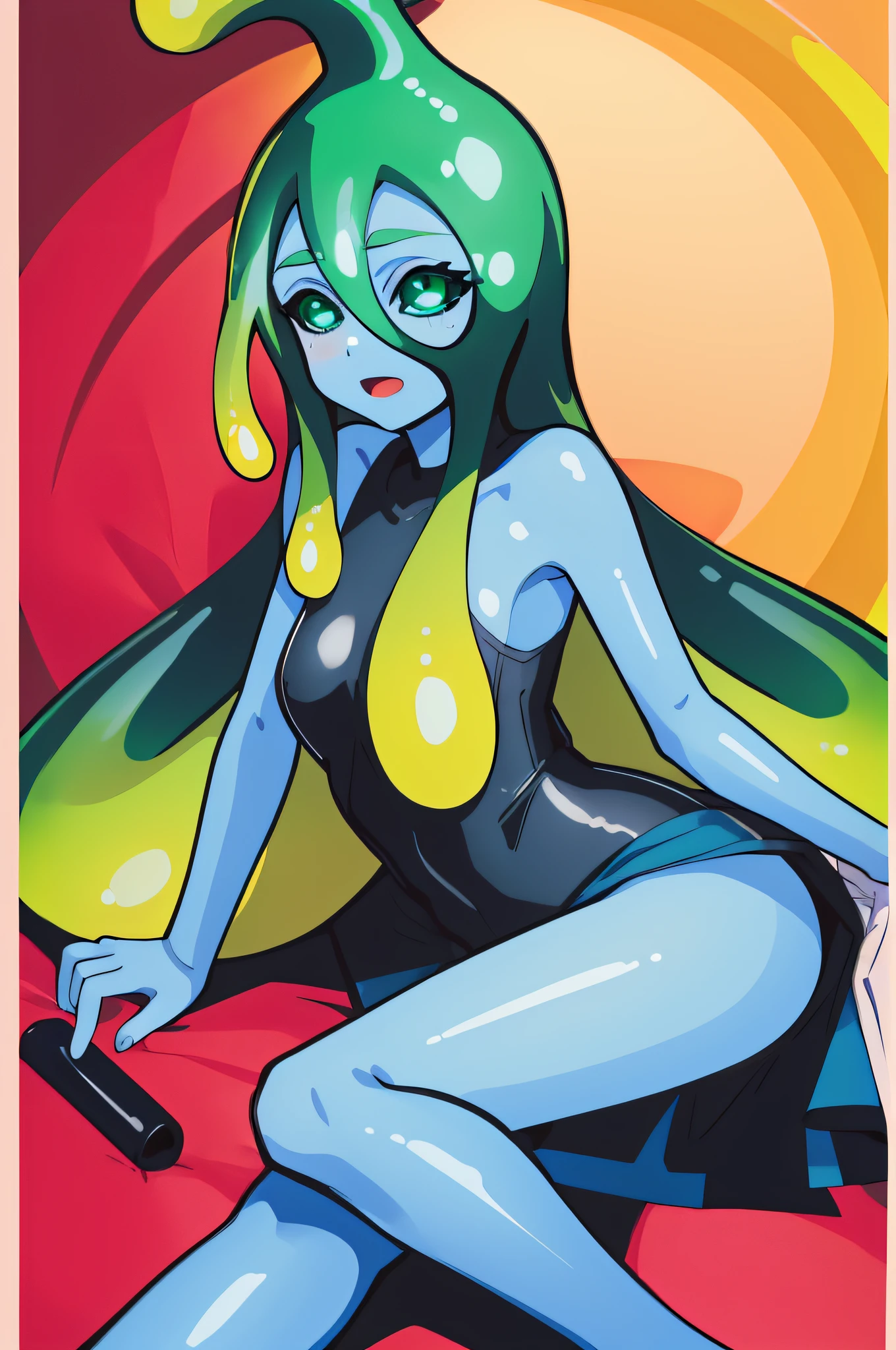 ((suu(monster musume))),((blue skin)),Anime coloring, senos grandes, solo, ojos verdes,((( piel azul))), ((chica limo)), sonrisa, ((cabello verde de limo)), piel de color azul,, chica monstruo, cabello largo, tentacle hair, senos grandes, escote,cabello muy largo, sentado, mirando al espectador, mano entre piernas, entre las piernas,((1girl,solo)),