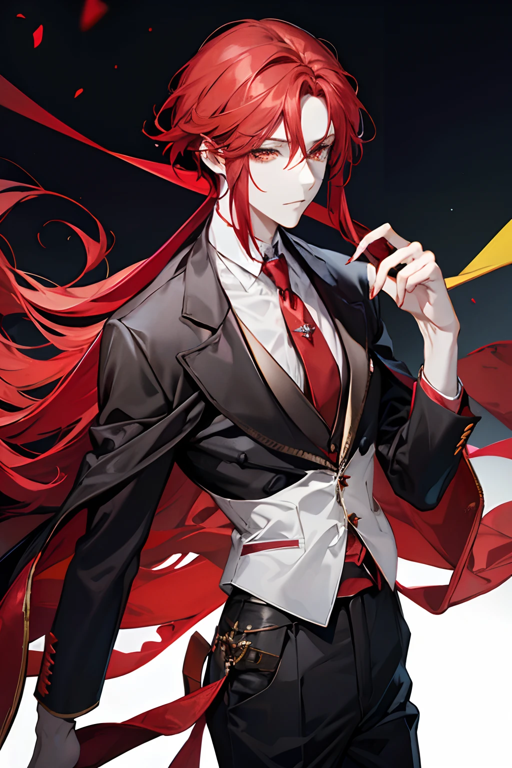 "Generate a man with neat, long tied sharp red hair, striking purple eyes, he wears fancy black clothes and black 1 eyepatch, he smokes fancy cigarettes."