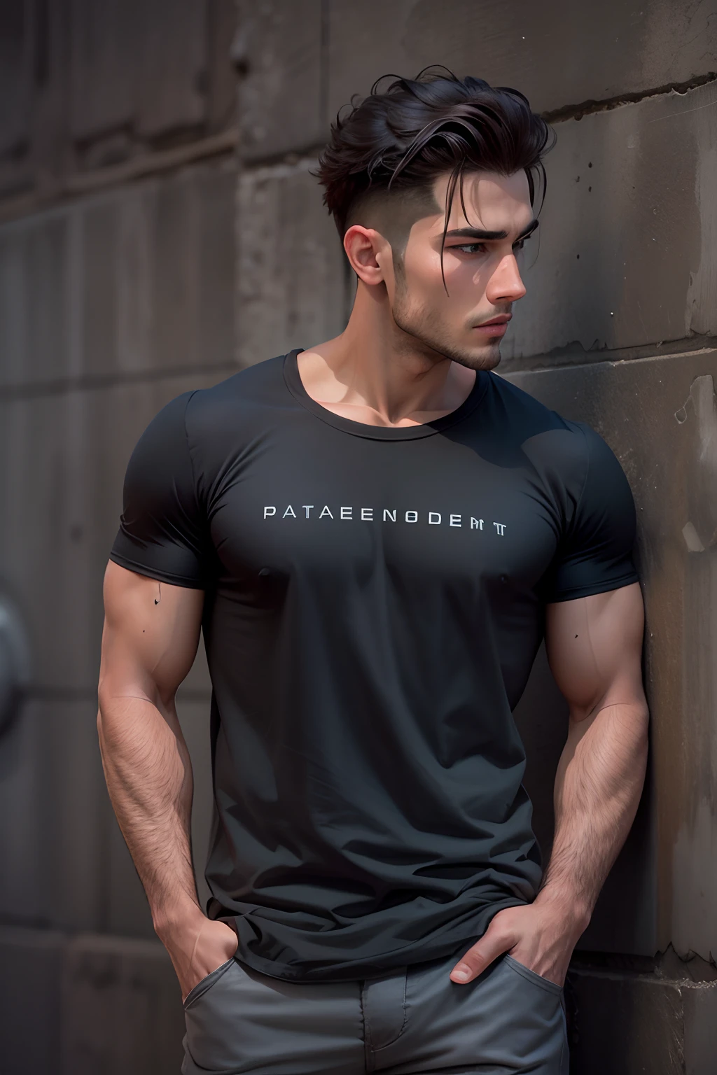 male model wearing plane charcoal black t-shirt, close up