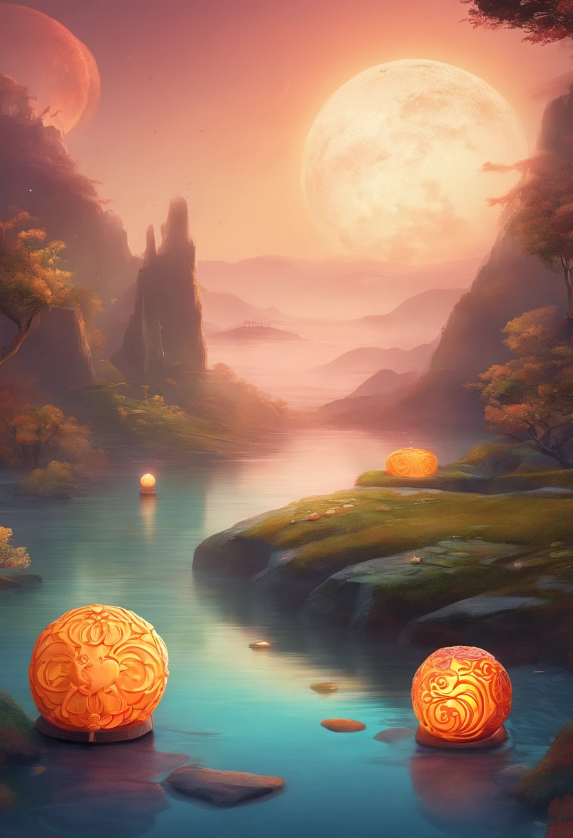 Mooncakes are a symbol of longing，Wanderers who come from afar are reunited with their loved ones，Cross the long river of longing，Bright moon，Beautiful mooncakes，River of longing，best qualtiy，3D modeling rendering，C4D style，wide wide shot，8K，