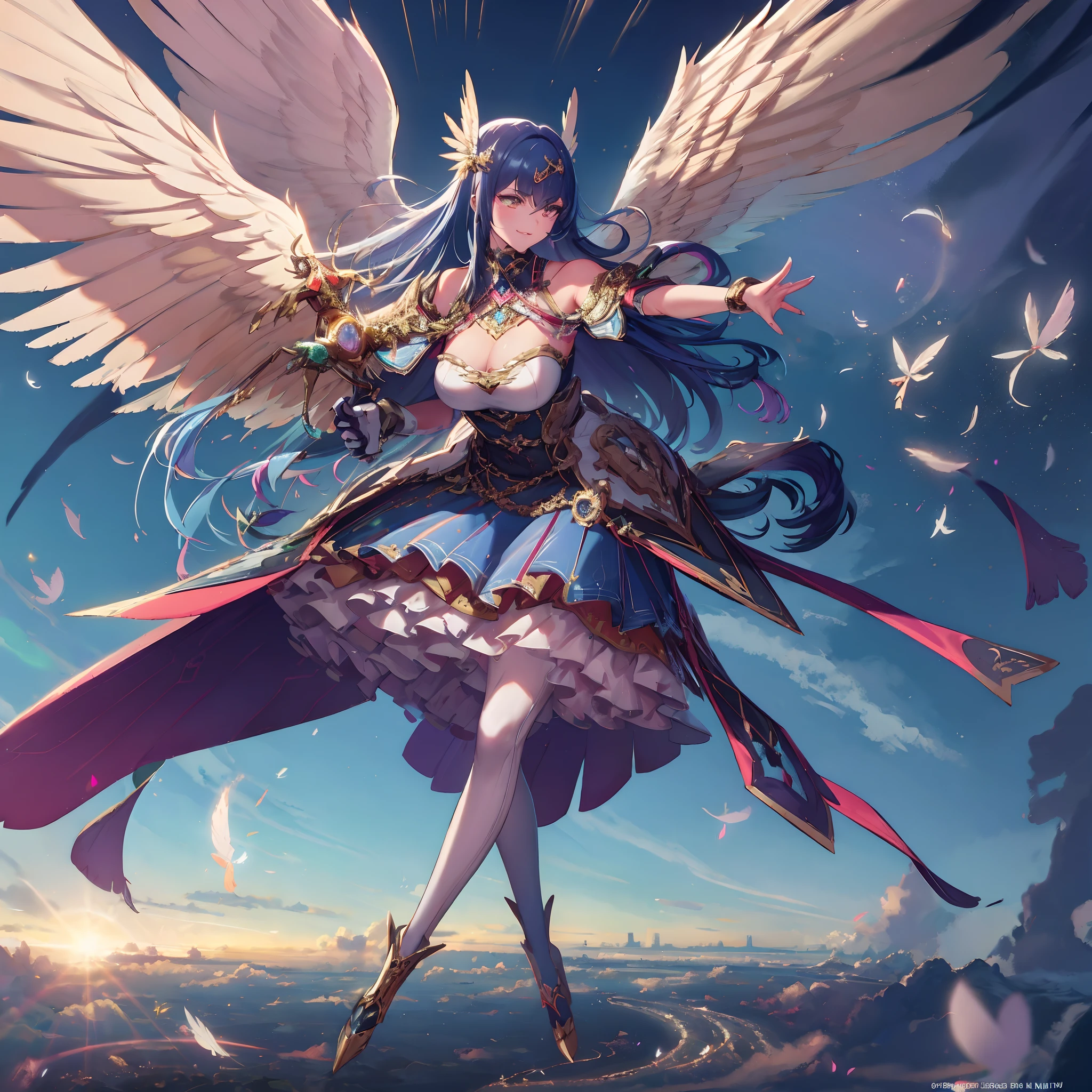 (((8K,masutepiece,Best Quality))), maxiskit, dress conservatively 1 girl, Solo, Full body, wide shoot,BREAK、(((Cute angel flying in the blue sky))), Fantasy, Big Angel Wings, Big smile, Blue long wavy hair, Blue hair, Delicate eyes, beautifullydetailedbackground, BREAK、(Above the clouds in the blue sky), (2 large feathers:1.3), Lens Flare,Anime girl with angel wings and sword in hand, anime goddess, goddess of Japan, cushart krenz key art feminine, angel knight girl, Seductive Anime Girl, beautiful alluring anime woman, anime fantasy artwork, high detailed official artwork, marin kitagawa fanart, anime fantasy illustration, beautiful celestial mage, Very detailed ArtGerm, Detailed Digital Anime Art((Super best quality)), ((A very masterpiece)), ((super detailing:1.4)), ((hyper realistic lifelike 3d)), Dragon Warrior Girl, Mechanical body, Dynamic action poses in battle scenes, Mechanical weapons of very complex and heavy fighters, Off-the-shoulder fashion that blends dense and complex steampunk with dense gothic ta, Complex steampunk headgear, very thin long legs, Mechanical boots above the knee, Fluttering lace flared mini skirt, beautiful small breasts directed upwards,Somewhat long, Vertical curly silver hair fluttering in the wind,Countless shining large spheres flying around,Many sparks cross and fly,Countless neon signs rained down from magic-evoking gestures,Steampunk Factory,Complex and precise mechanical ruins,Very dark night background,Very dramatic and cinematic lighting。
