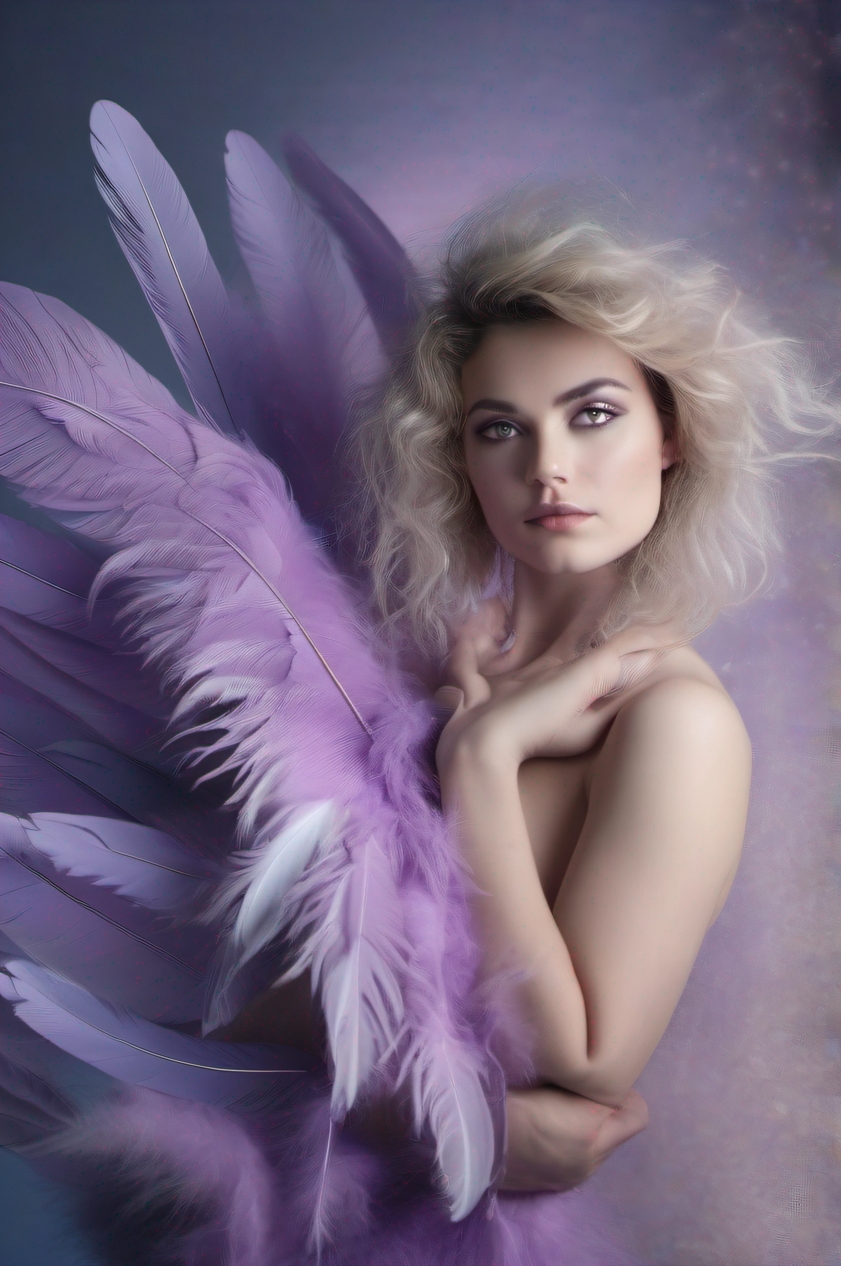 a professional studio shot of an act model, 25 years_old, soft light, complex painted background purple and blueish, low angle shot, she is naked and wears feathers