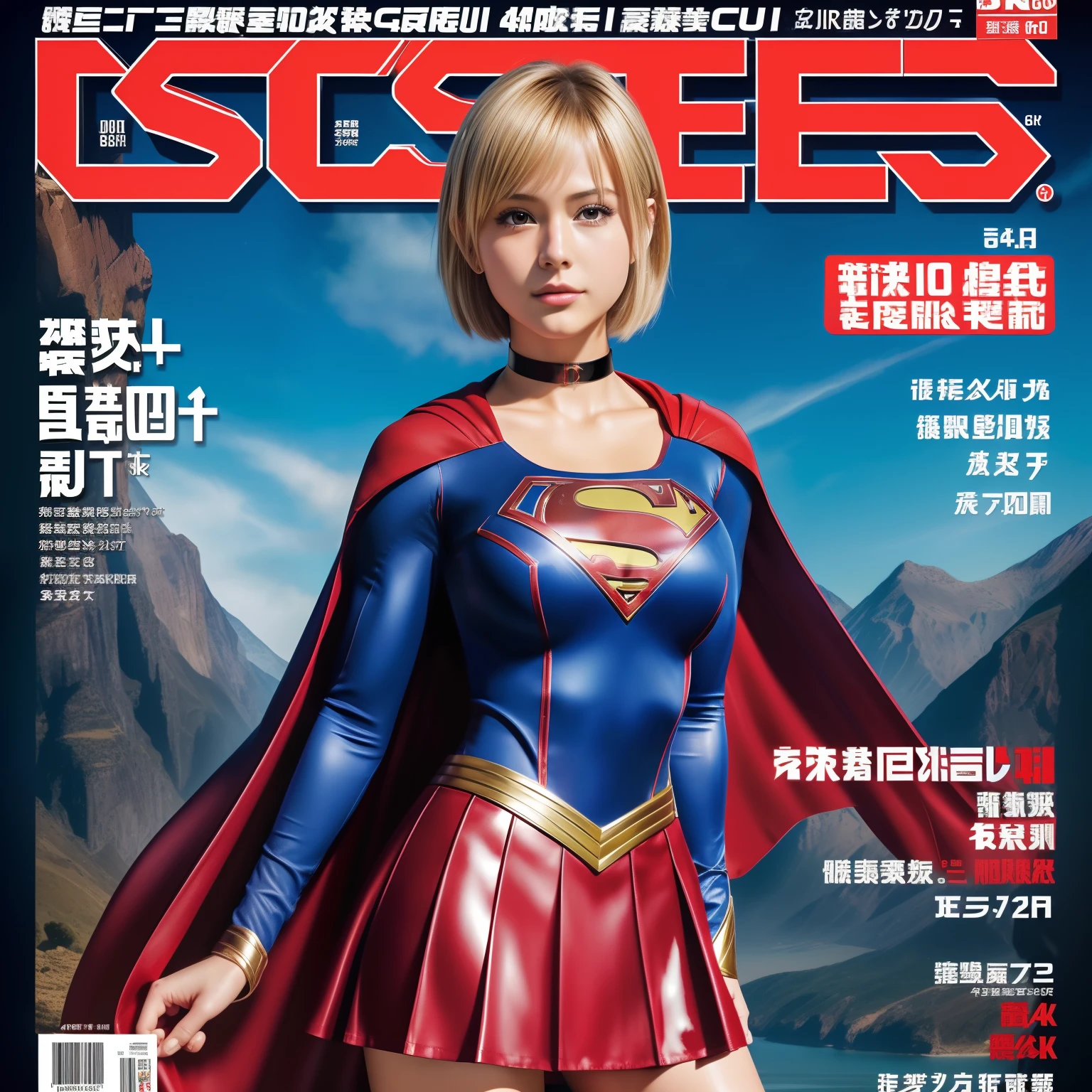 (Best Quality,4K,8K,hight resolution,masutepiece:1.2),Ultra-detailed,Realistic:1.37,Super masterpiece,Short-haired Supergirl、large full breasts、Looking at the camera、Glossy costume、a choker、Too short miniskirt、Weekly magazine cover、Salute