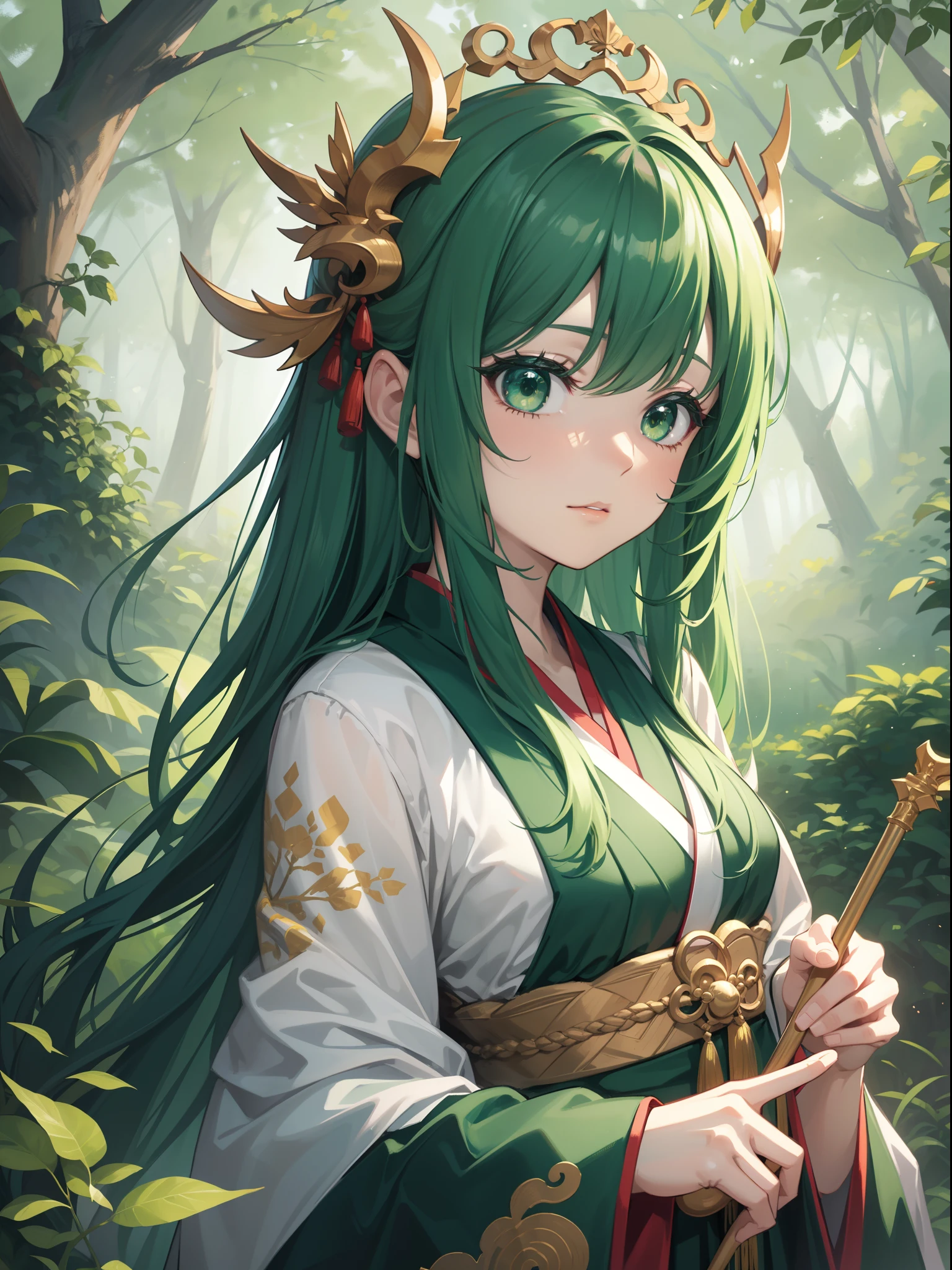 character portrait closeup，sketching，.tchibi，green pupills, full bodyesbian，standing on your feet，Robe，Hanfu，green color，Chinese dragon green background，full bodyesbian，Faraway view，Green forest dragon surrounds background，full bodyesbian，Fine face，Faraway view，full bodyesbian