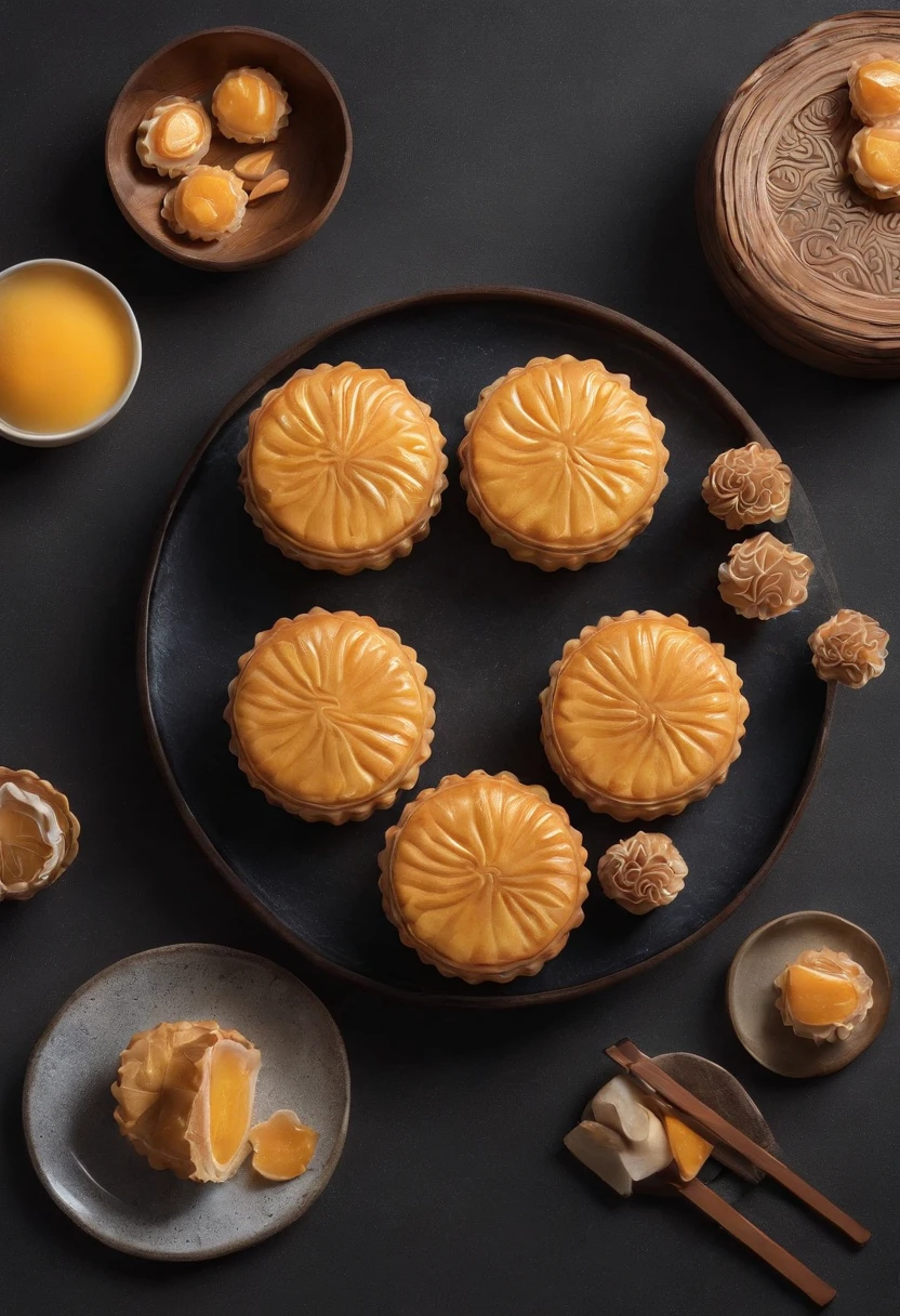themoon，（Nut mooncakes、Egg yolk mooncakes、Ham mooncakes、South wind mooncakes），edgBunny，A strong Mid-Autumn Festival festive atmosphere，extremely detailed face and skin，Heartwarming scene，perfect  detail