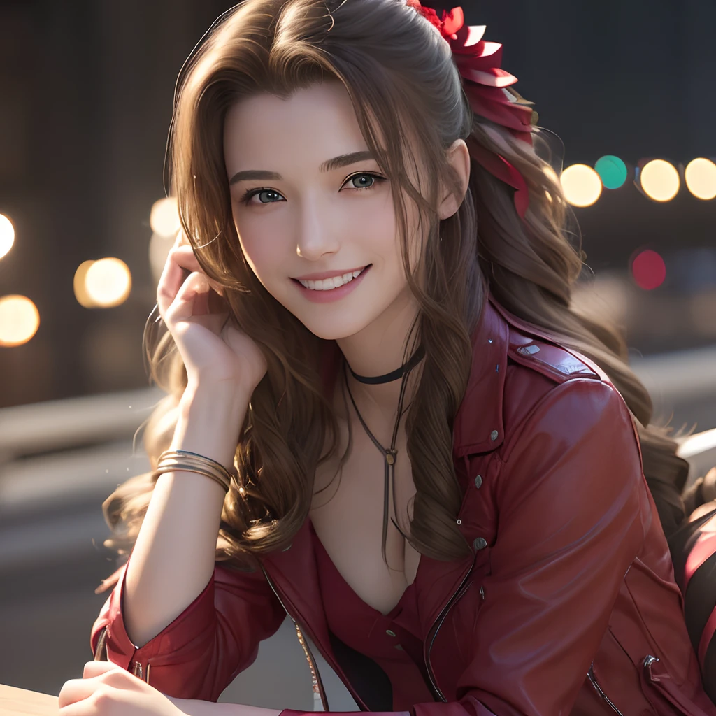 (masterpiece, best quality:1.4), (future days), (standind:1.2), pov, (happy smile:1.5), (1girl), solo, (european youth:1), aerith gainsborough, choker, cropped jacket, hair bow, bracelet, pink dress, brown boots, very long hair, hair ribbons, hair flowers, strapless red dress, high heels hyperrealistic, high detailed skin, dslr, soft lighting, high quality, highly detailed face, highly detailed skin, skin pores, subsurface scattering, realistic pupils, medium breast, full face blush, full lips, detailed background, depth of field, volumetric lighting, sharp focus, absurdres, realistic proportions, good anatomy, (realistic, hyperrealistic:1.4), 16k hdr,