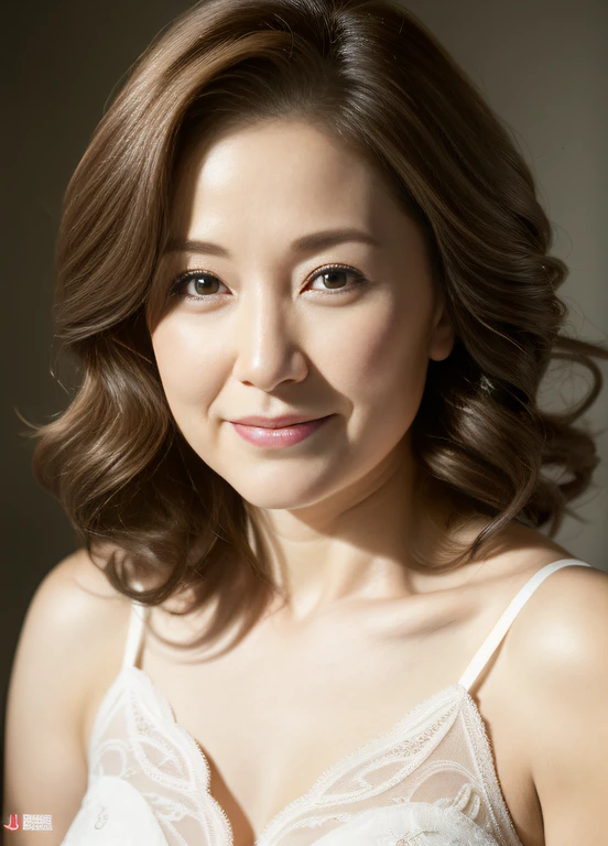 masterpiece,best quality, (one milf), ((portrait:1.5)), ((look down, looking at the viewer)), makeup, elegant white underwear, wavy hair, ((seduction expression, smile:0.3)),