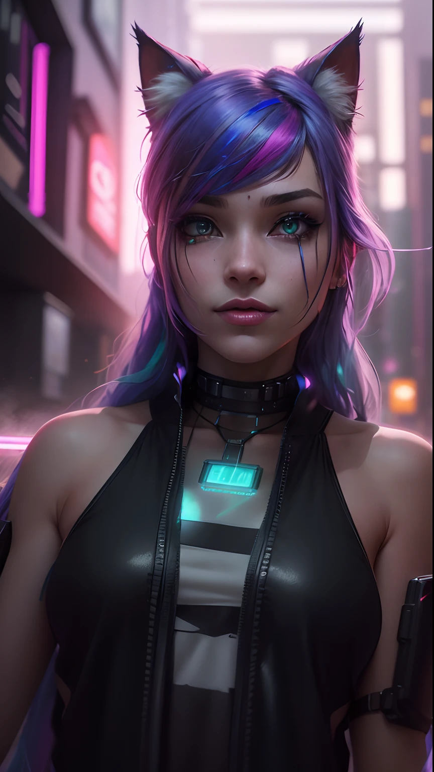 beautiful photorealistic photograph of a cyberpunk catgirl with long multicolor hair and swishing tail, ((Best quality)), ((masterpiece)), (detailed: 1.4), depth of field f/2.8