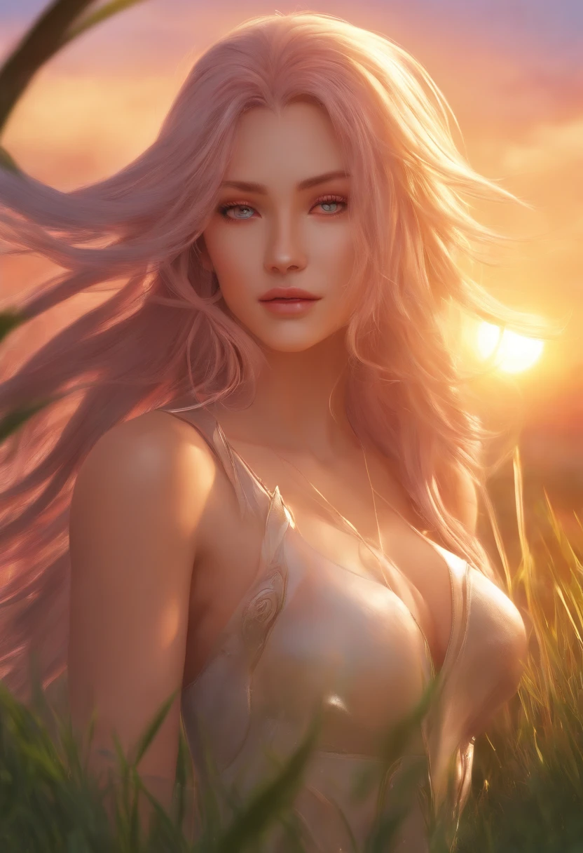 (((Beautiful, ultra-detailed face, Megapixel))) madara, full body, during a beautiful, colorful, ultra-realistic sunset, shiny, realistic grass, large, white, bioluminescent hair with rays of bioluminescent light between the strands of hair, with colorful flames, bioluminescent sky with several planets in the background