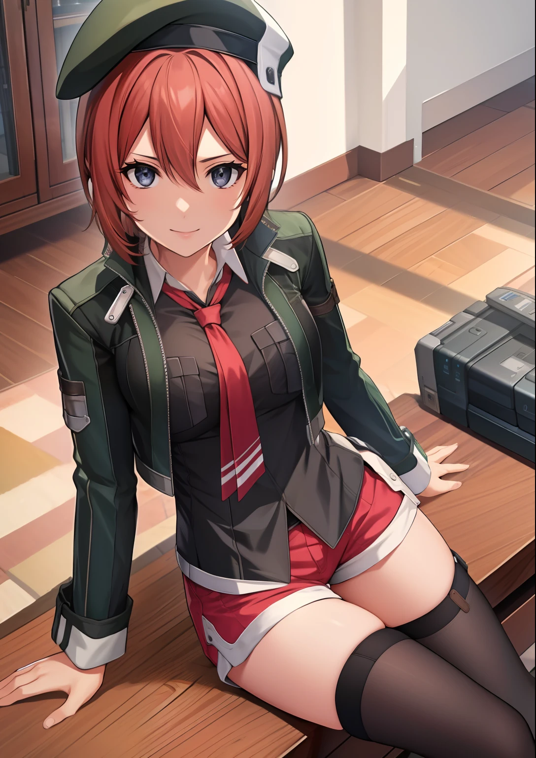 ​masterpiece, top-quality, Noel Seeker, beret, Green jacket, Black shirt, neck tie, Red shorts, black thighhighs, boots, cheely smile, livingroom, sitting in the couch, black eyes,Official art,Highly detailed CG Unity 8K wallpaper, Perfect Lighting,Colorful, Bright_front_Face_Lighting, (masutepiece:1.0),(best_quality:1.0), 超A high resolution,4K,Ultra-detailed, Photography, 8K, nffsw, hight resolution,