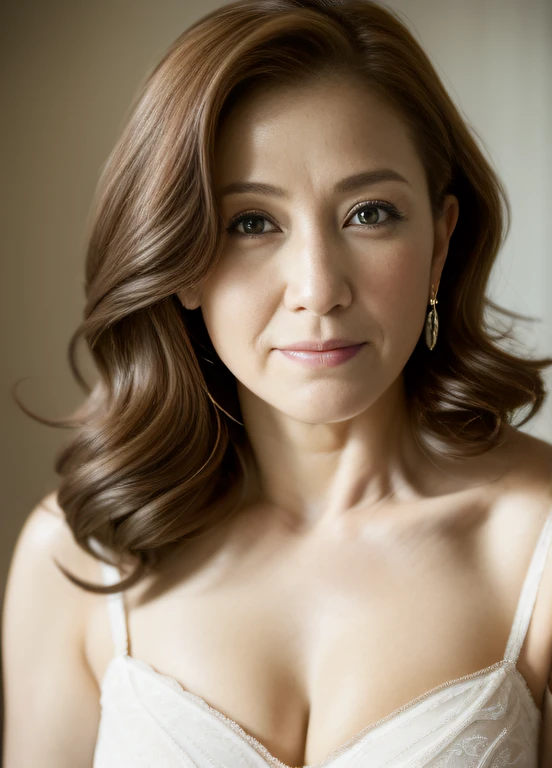 masterpiece,best quality, (one milf), ((portrait:1.5)), ((look down, looking at the viewer)), makeup, elegant white underwear, wavy hair, ((seduction expression, smile:0.3)),