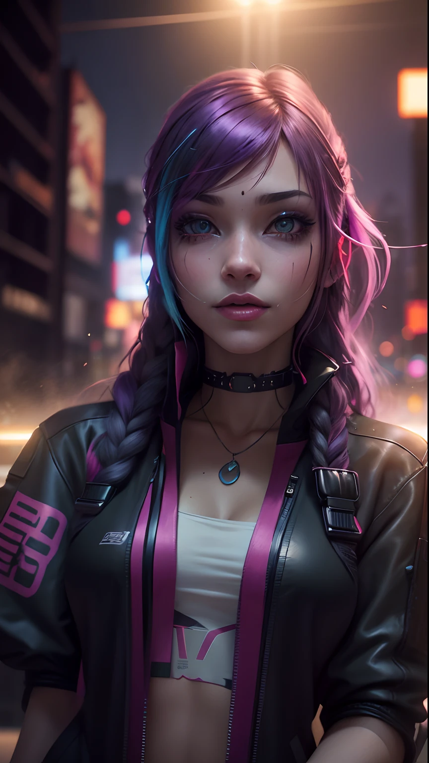 beautiful photorealistic photograph of a cyberpunk catgirl with long multicolor hair and swishing tail, ((Best quality)), ((masterpiece)), (detailed: 1.4), depth of field f/2.8