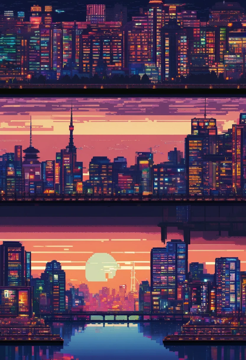 pixel art. Night view of Tokyo at night. 3D pixel art 4K wallpaper. Incredible pixel art details. Pixel art. steam wave. Detailed Unreal Engine pixel art　chill