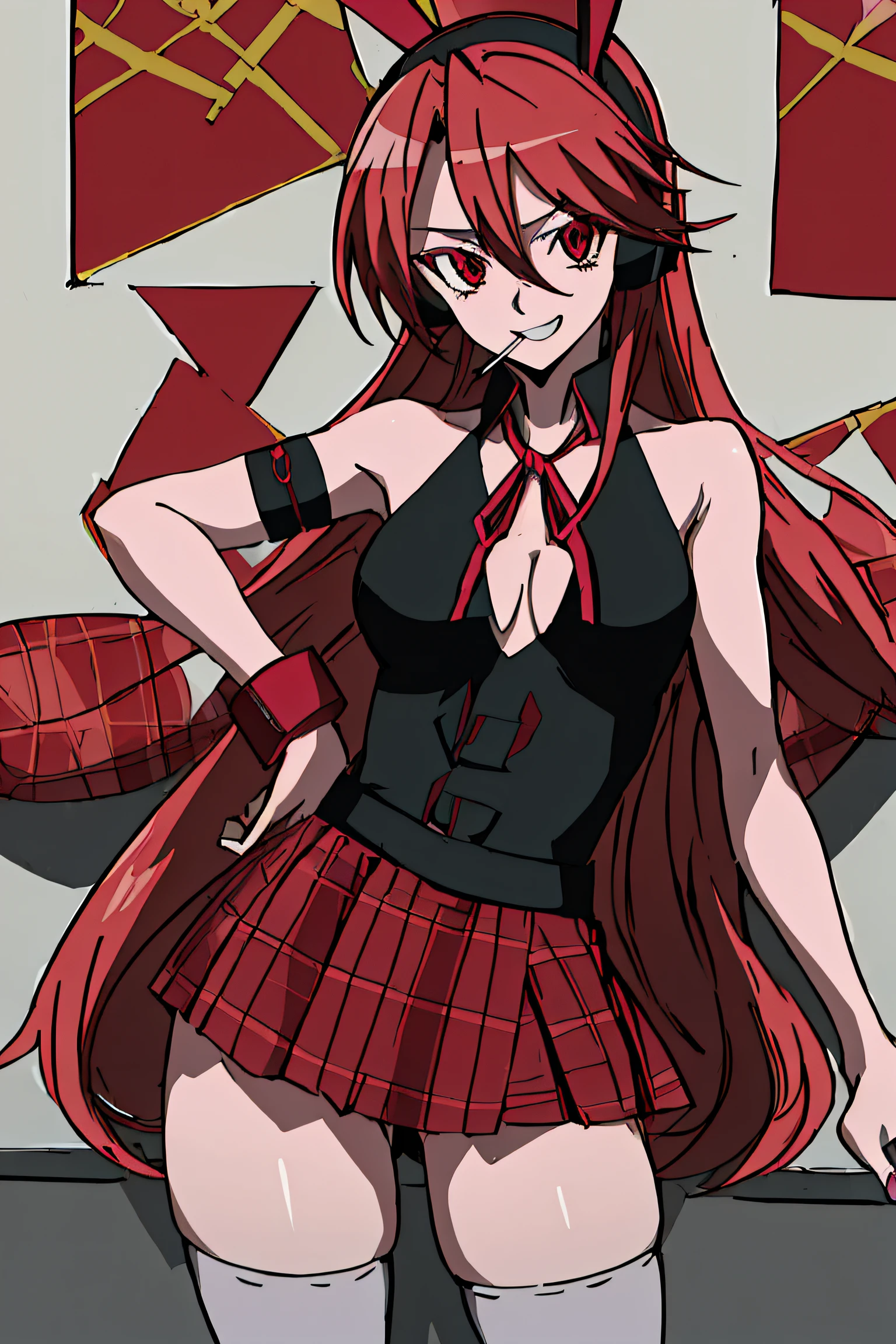 (absurdres, 8k, 4k, masterpiece, hyper extreme detailed:1.2), ((masterpiece,best quality)), absurdres, anime character, girl, female, woman, girls, women, akame ga kill, akamegakill, akame ga kill!, chelsea long hair red hair red eyes ribbon headphones plaid mouth hold lollipop