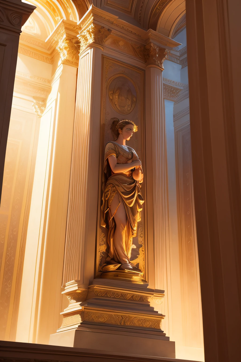 Roman Empire Every intricate detail, The colors are vivid and vibrant, reminiscent of the rich hues found in ancient Roman frescoes. The lighting is carefully orchestrated, with soft golden rays streaming through the columns, creating an ethereal atmosphere. The art style leans towards a blend of classical realism and contemporary illustration, giving the artwork a modern touch while maintaining the essence of ancient Rome. The overall color palette is warm and inviting, with a harmonious blend of earthy tones and pops of vibrant colors. The lighting accentuates the depth and texture of the scene, creating a sense of depth and realism.