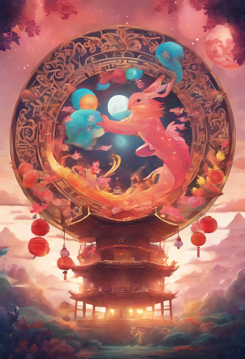 themoon，（Nut mooncakes、Egg yolk mooncakes、Ham mooncakes、South wind mooncakes），edgBunny，A strong Mid-Autumn Festival festive atmosphere，extremely detailed face and skin，Heartwarming scene，perfect  detail