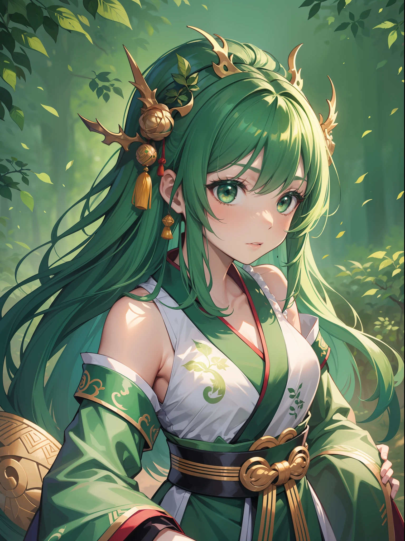 character portrait closeup,sketching,.tchibi,green pupills, full bodyesbian,standing on your feet,Robe,Hanfu,green color,Chinese dragon green background,full bodyesbian,Faraway view,Green forest dragon surrounds background,full bodyesbian,Fine face,Faraway view,full bodyesbian