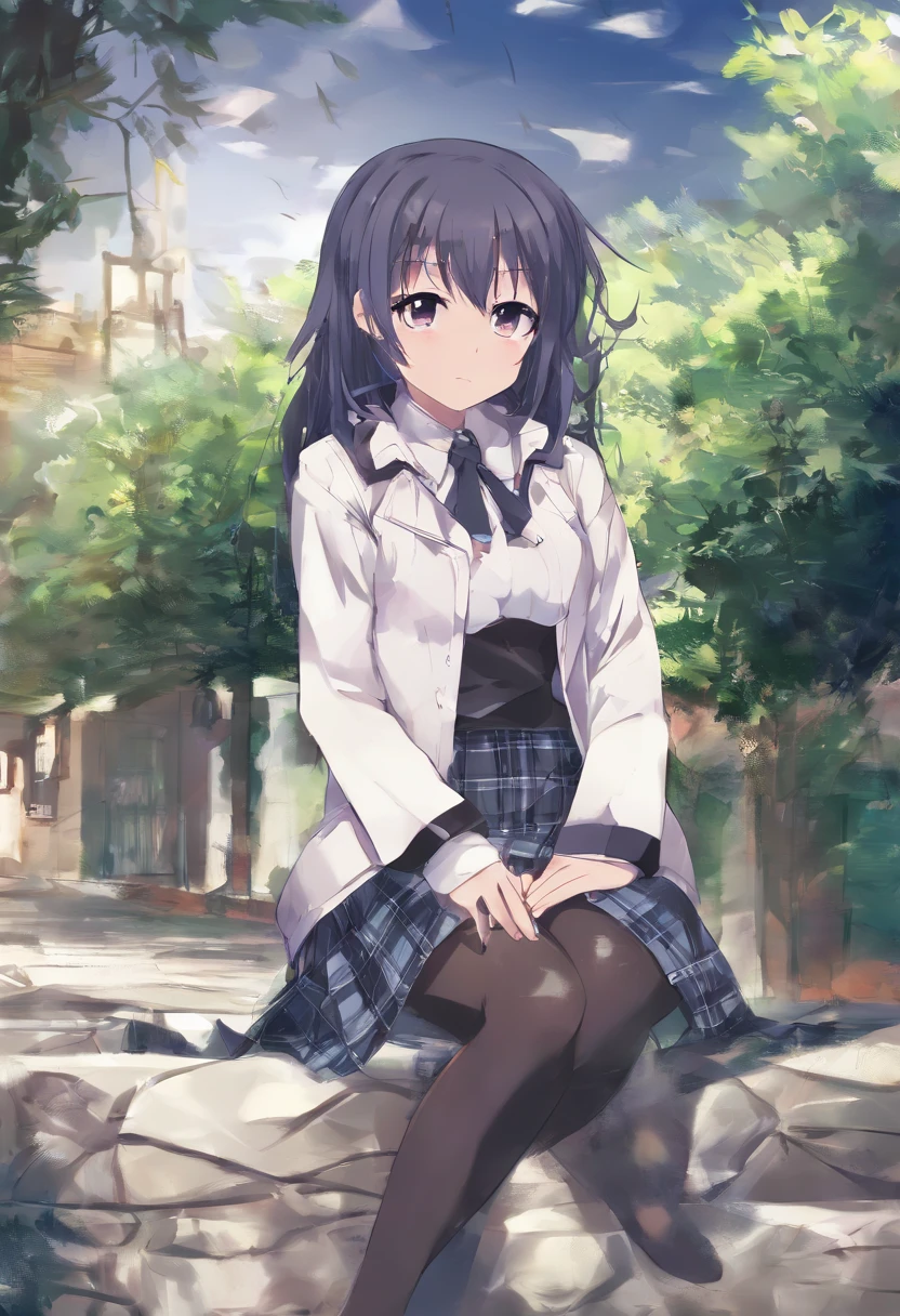 1girl, nakiri erina, kneeling, thighhighs, navy thighhighs, jacket, plaid skirt, hands on breasts, outdoors, anime_screencap_erina