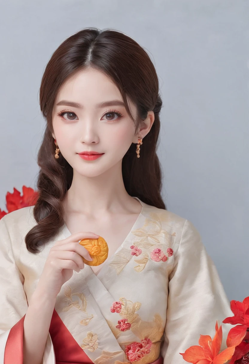 Masterpiece, Best quality, Night, full moon, Mid-Autumn Festival,1 cooked woman eats mooncakes, Chinese style, Ancient China, Imperial sister, Smile, Dark brown hair, Dark hair, Princess cut, Fried dough twisted braid, Coiled hair, Double ball head, Light pink lips, calm, Intellectual, mid hair, Green eyes, Hairpin, hydrangea, Fine face, facial closeups, Close-up of the hand, Clothes in red