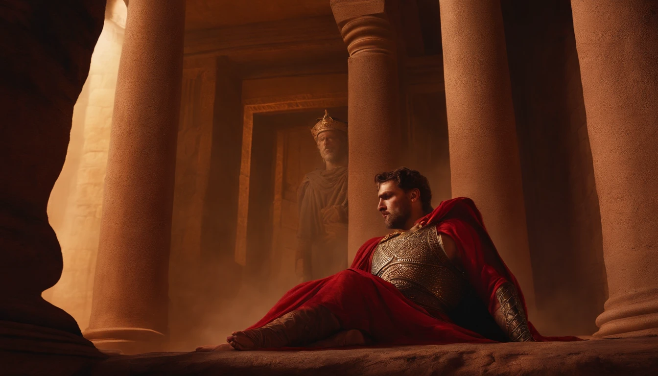 An image of King Darius in anguish, unable to sleep, while Daniel lies in the pit.