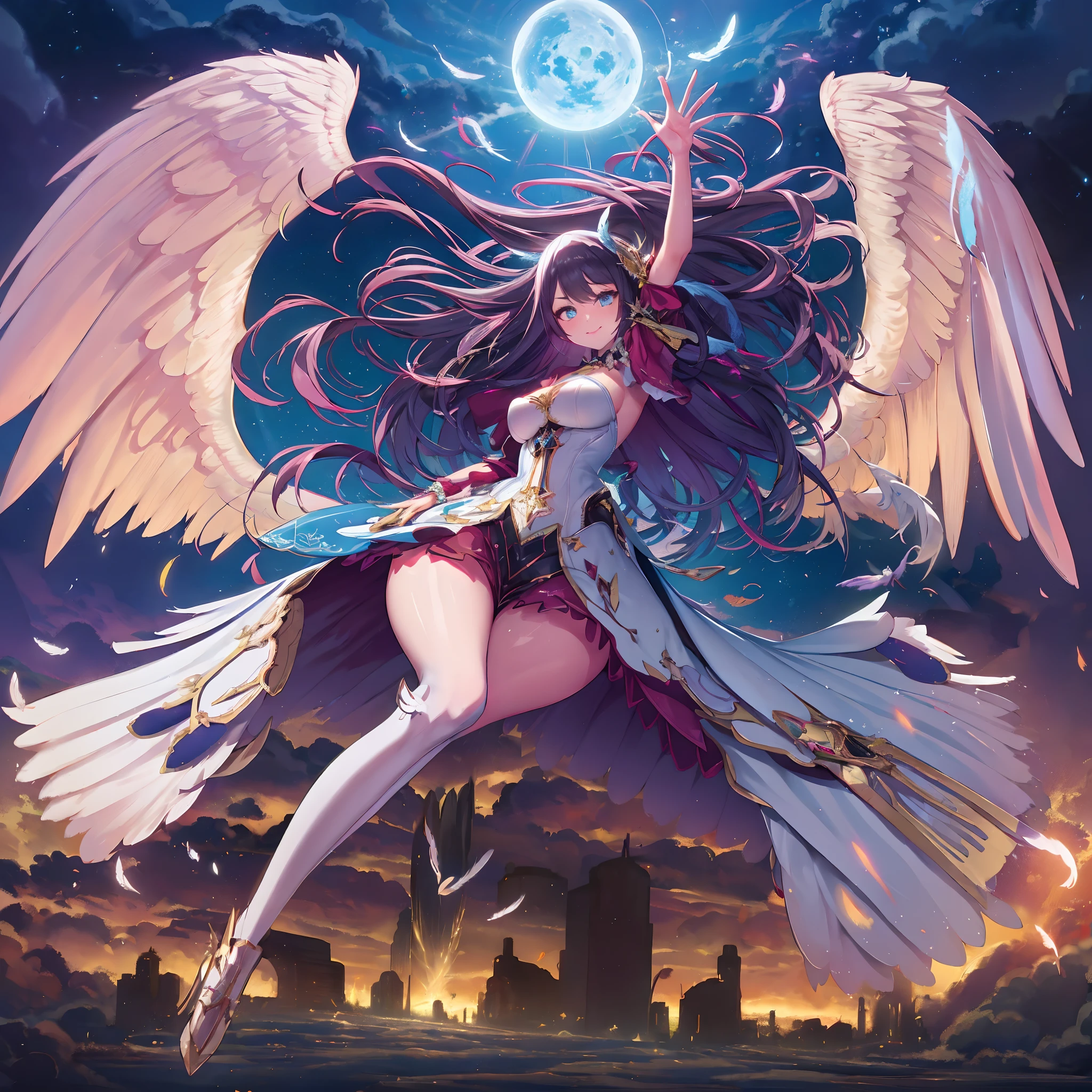 (((8K,masutepiece,Best Quality))), maxiskit, dress conservatively 1 girl, Solo, Full body, wide shoot,BREAK、(((Cute angel flying in the blue sky))), Fantasy, Big Angel Wings, Big smile, Blue long wavy hair, Blue hair, Delicate eyes, beautifullydetailedbackground, BREAK、(Above the clouds in the blue sky), (2 large feathers:1.3), Lens Flare,Anime girl with angel wings and sword in hand, anime goddess, goddess of Japan, cushart krenz key art feminine, angel knight girl, Seductive Anime Girl, beautiful alluring anime woman, anime fantasy artwork, high detailed official artwork, marin kitagawa fanart, anime fantasy illustration, beautiful celestial mage, Very detailed ArtGerm, Detailed Digital Anime Art((Super best quality)), ((A very masterpiece)), ((super detailing:1.4)), ((hyper realistic lifelike 3d)), Dragon Warrior Girl, Mechanical body, Dynamic action poses in battle scenes, Mechanical weapons of very complex and heavy fighters, Off-the-shoulder fashion that blends dense and complex steampunk with dense gothic ta, Complex steampunk headgear, very thin long legs, Mechanical boots above the knee, Fluttering lace flared mini skirt, beautiful small breasts directed upwards,Somewhat long, Vertical curly silver hair fluttering in the wind,Countless shining large spheres flying around,Many sparks cross and fly,Countless neon signs rained down from magic-evoking gestures,Steampunk Factory,Complex and precise mechanical ruins,Very dark night background,Very dramatic and cinematic lighting。