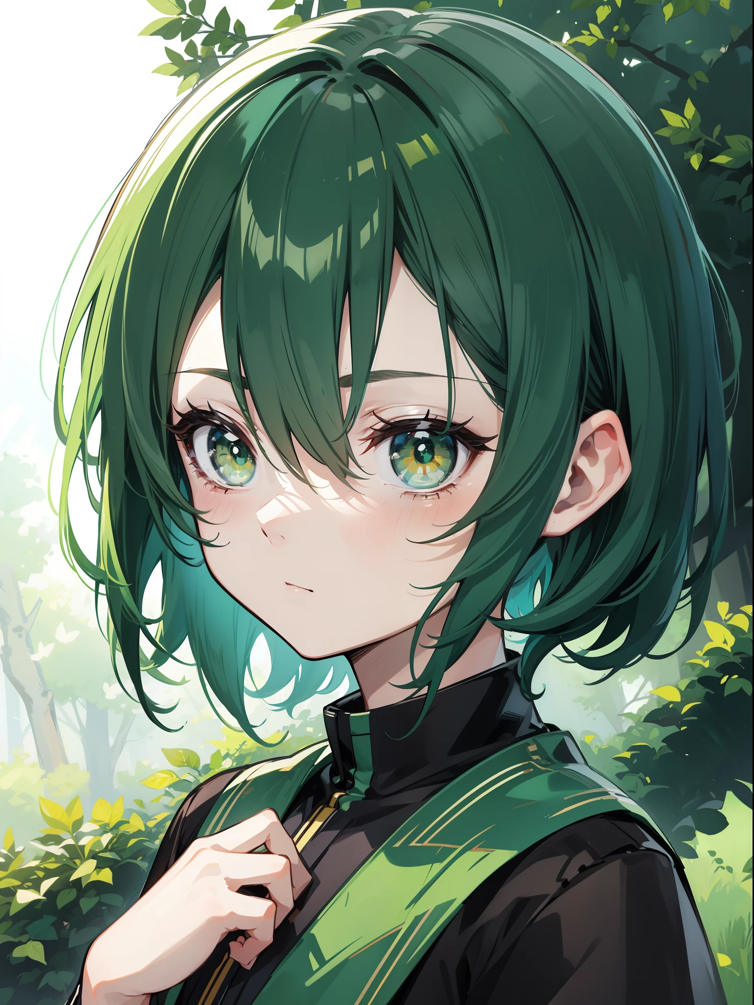 character portrait closeup，sketching，.tchibi， Green hair，Dark green pupils, tilts your head，avatar close up，Green forest background，Detailed facial depiction，small，short detailed hair，Boy combs hair，Libido boy，Fine face，ember