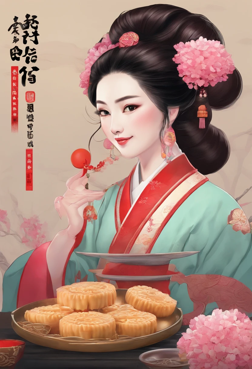 Masterpiece, Best quality, Night, full moon, Mid-Autumn Festival，1 mature woman eating mooncakes, Chinese style, Ancient China, Imperial sister, Smile, Dark brown hair, Dark hair, Princess cut, Fried dough twisted braids, Coiled hair, Double ball head, Light pink lips, calm, Intellectual, mid hair, Green eyes, Hairpin, hydrangea, Fine face, facial closeups, Close-up of the hand, Clothes in red