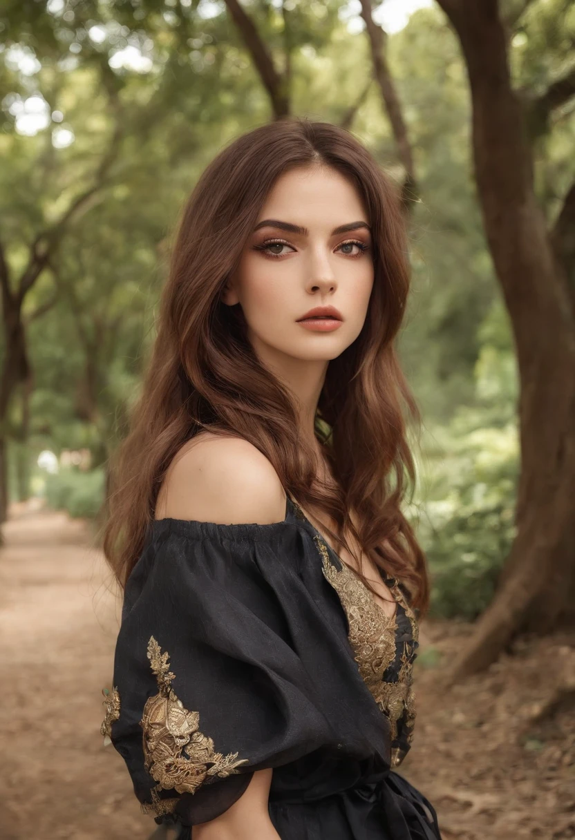 "fotos hiper-realista de uma mulher de 23 anos com, Cabelos ruivos em um ambiente de parque. Ensure that the facial expression and details of the park's hair and environment are highly detailed and authentic."