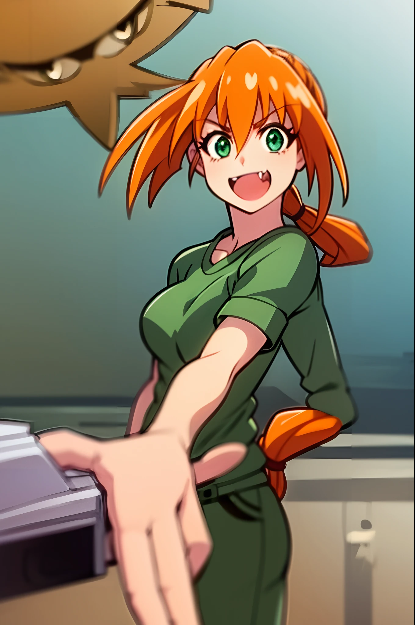 excel, orange hair, smile, fang, open mouth, green eyes,standing, medium breast, pants, pullover, ponytail