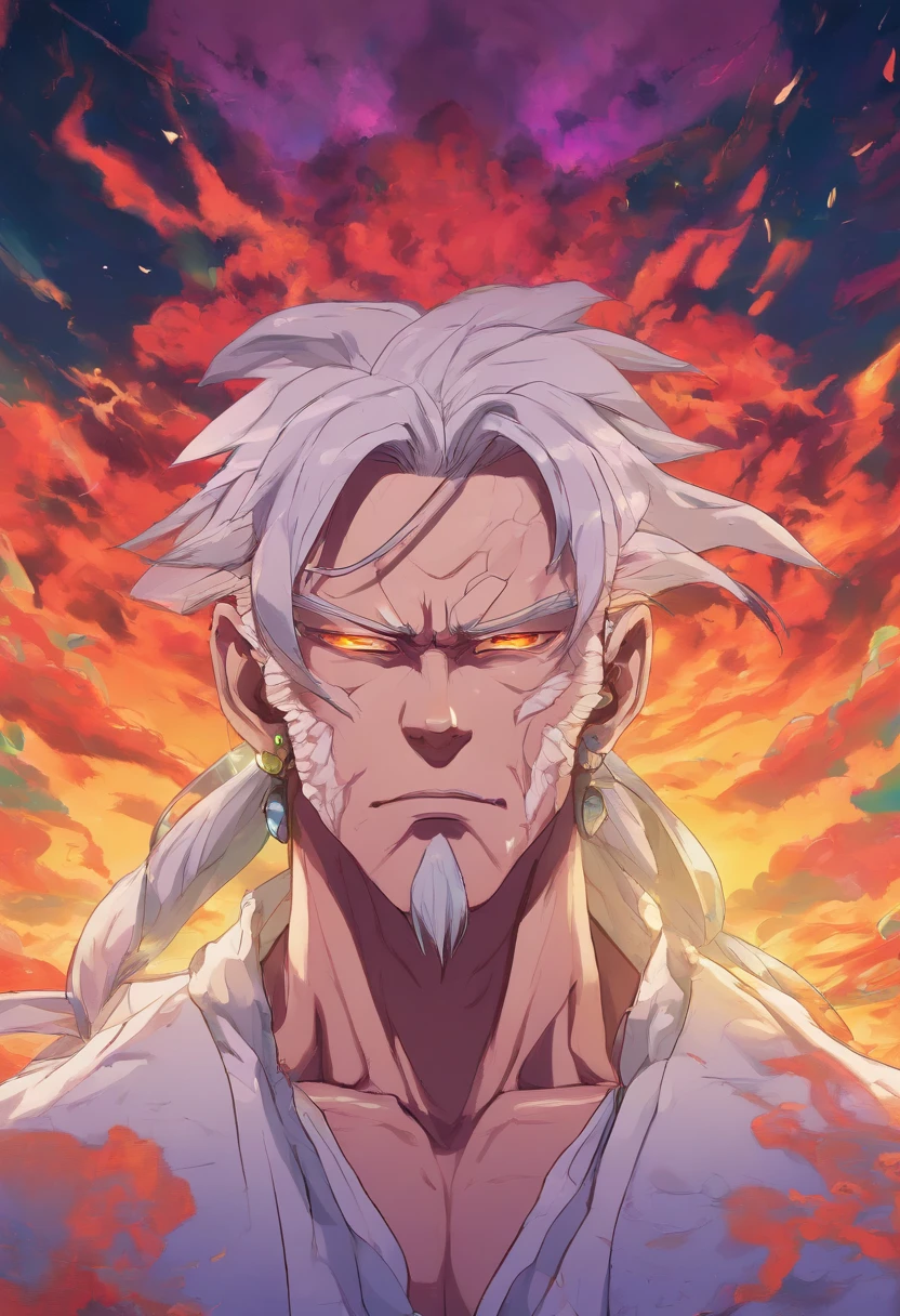 (((Beautiful, ultra-detailed face, Megapixel))) madara, full body, during a beautiful, colorful, ultra-realistic sunset, shiny, realistic grass, large, white, bioluminescent hair with rays of bioluminescent light between the strands of hair, with colorful flames, bioluminescent sky with several planets in the background