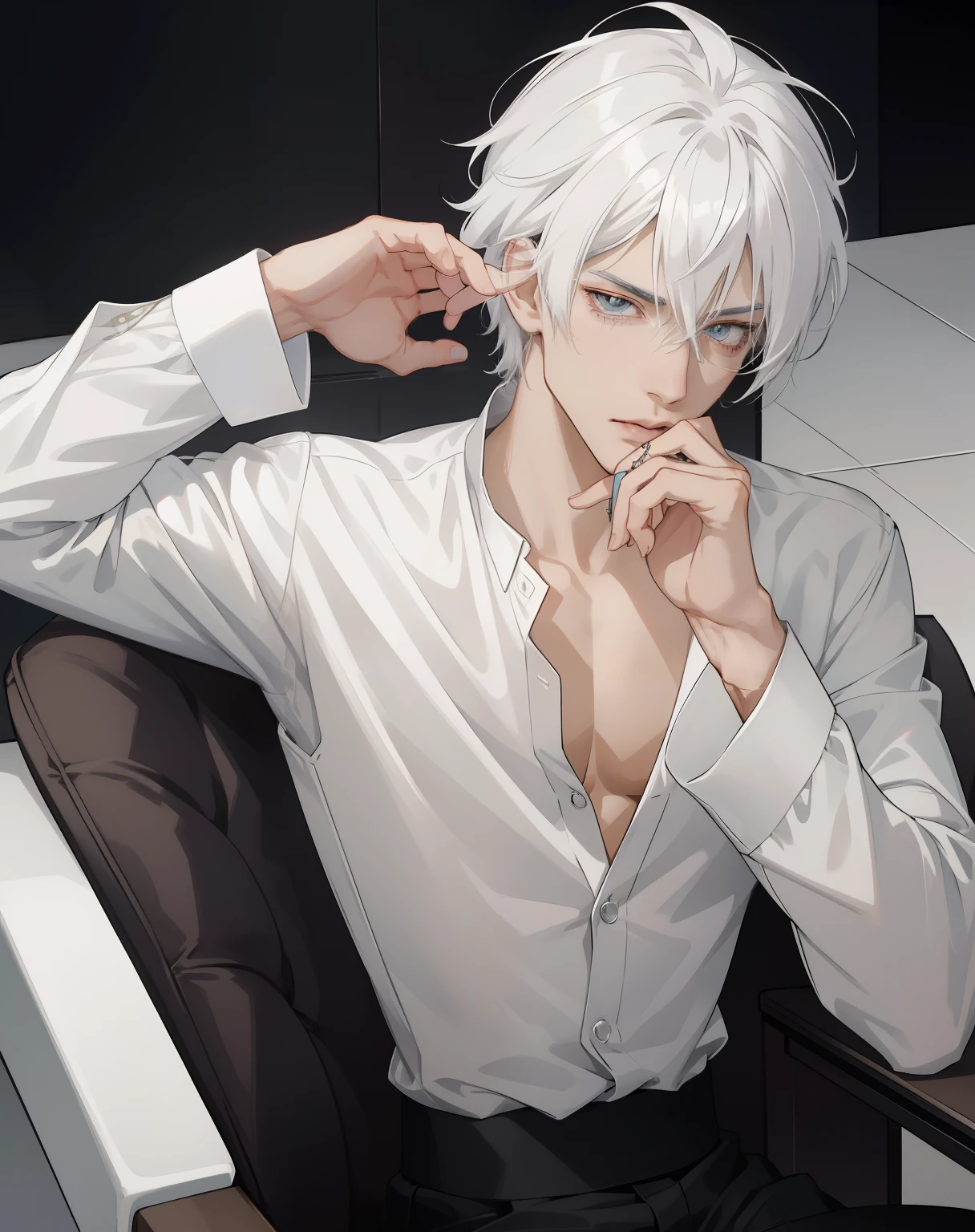 Anime guy with white disheveled hair sitting on a chair, Bring your hands to your face, White half-unbuttoned shirt, white haired, maniacal gaze, handsome anime pose, a silver haired mad, Tall anime guy with amber eyes, hand on cheek, gray haired, finger rings