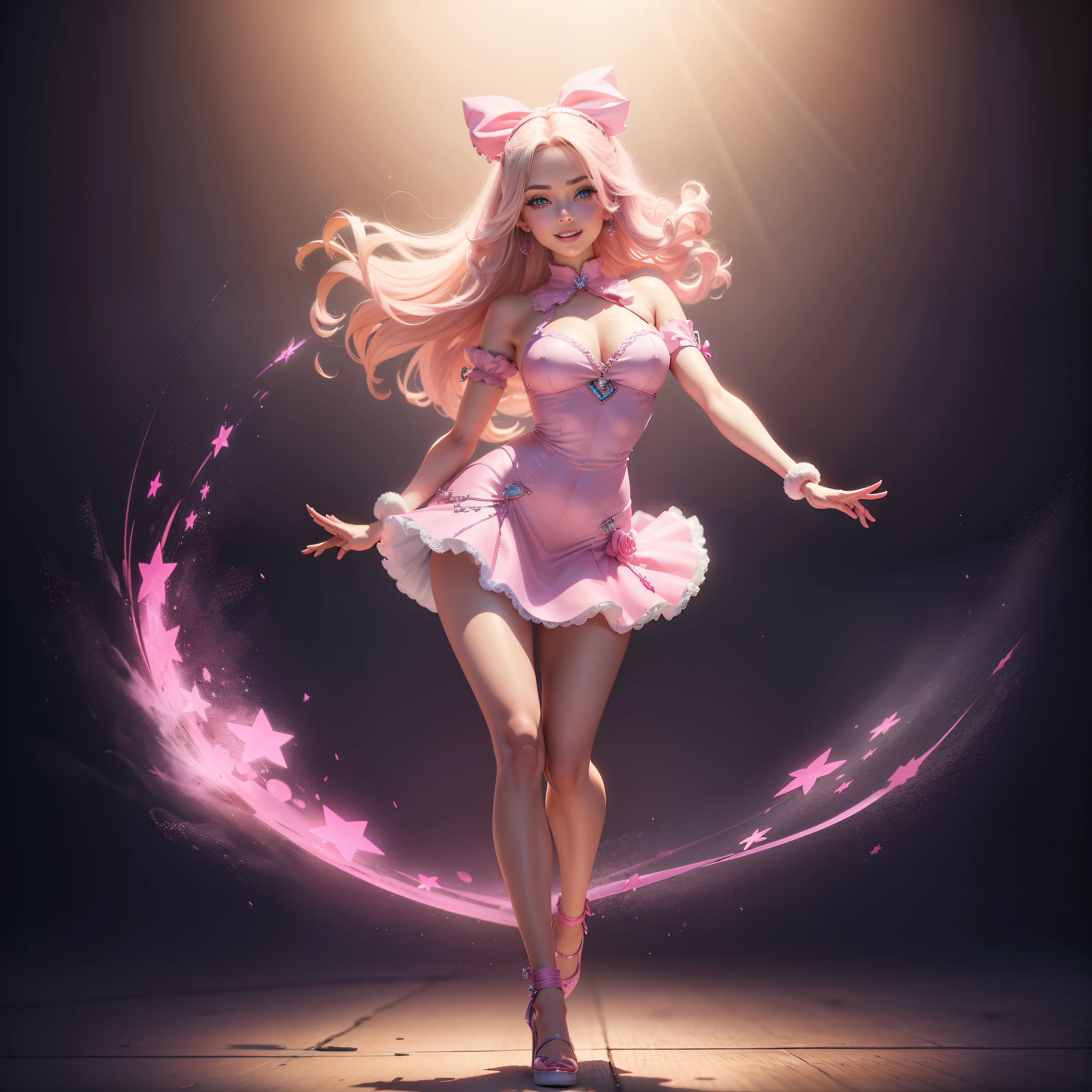One Barbie, ((Full body)),8th class, Blue eyes, Smiling face, Hair loss swaying in the wind, Hip Hop Singer Pose, Dressed in hip-hop style, Wear a pink short dress,swarovski,pasties,With a pink bow on the arm, Fashion, Extremely high quality, high details, 8K, clean back ground, in studio, ((Full body shot)),Align your fingers neatly,Accurate Hand Modeling,wave her hand,