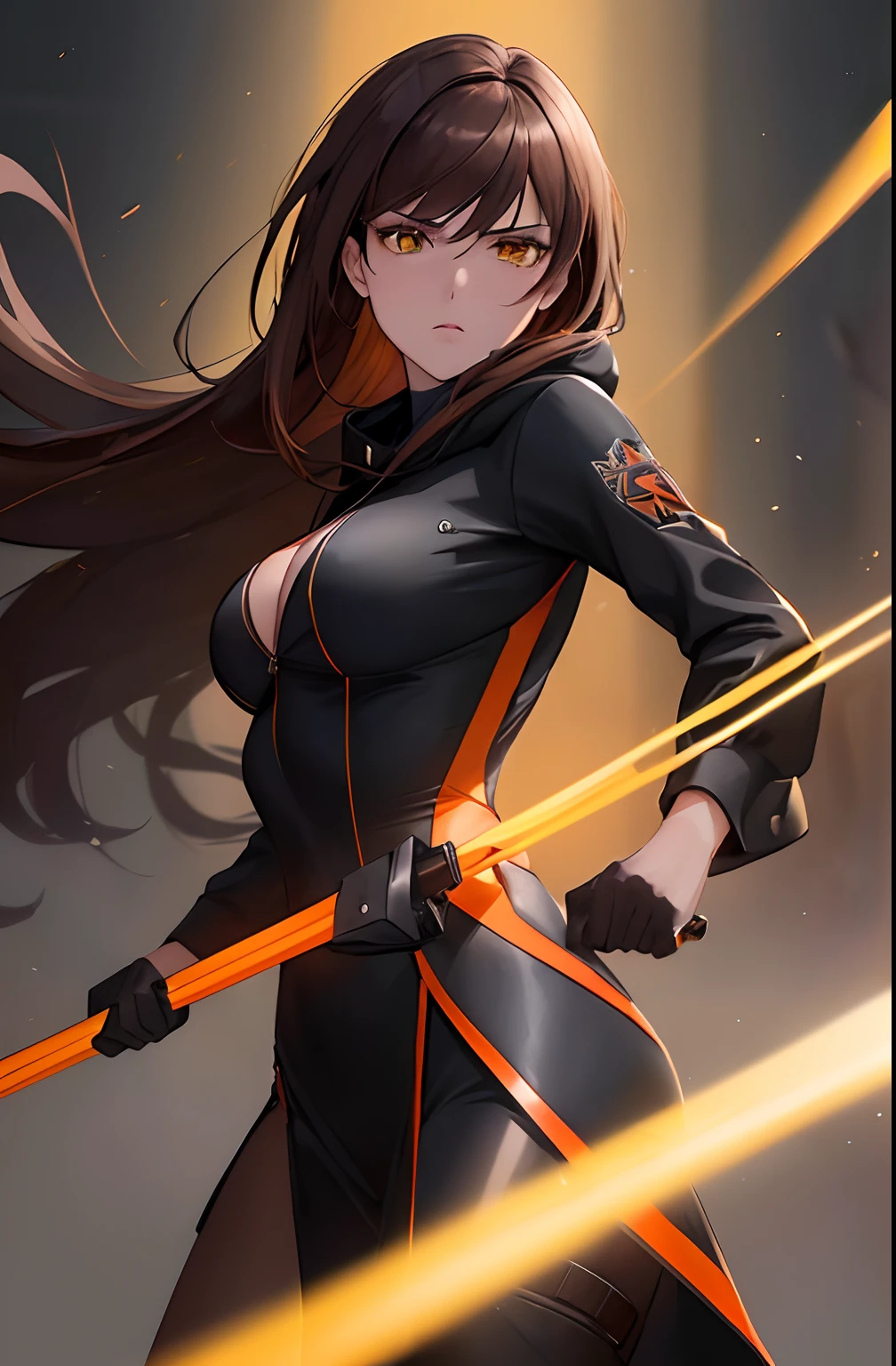 kk, best quality, more details, masterpiece, 1 girl, female focus, solo, An assassin woman in a black hooded suit, She is a fire-type martial artist, brown background, orange eyes, long hair, brown hair, looking at viewer, luxurious, 8k, detailed, ray tracing, depth of field, cinematic lighting, Simple yellow lines, simplified.