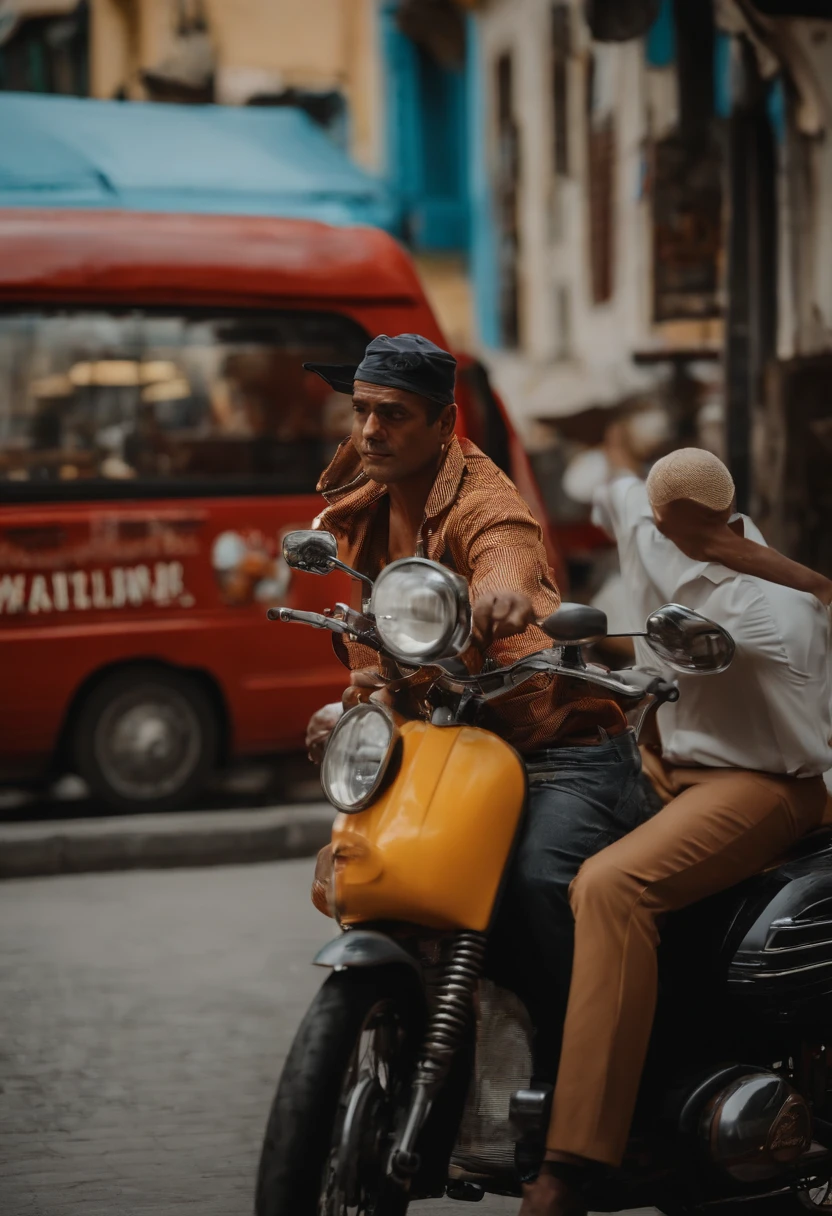 Um de cabelo bonito,Entregar comida em uma motocicleta amarela,A red hat is worn on his head,in summer,Behind are shops,contraste de luz e sombra, profundidade de campos ,cinemac lighting, 16k, melhor qualidade, A high resolution, alto detalhe, textura, tmasterpiece
