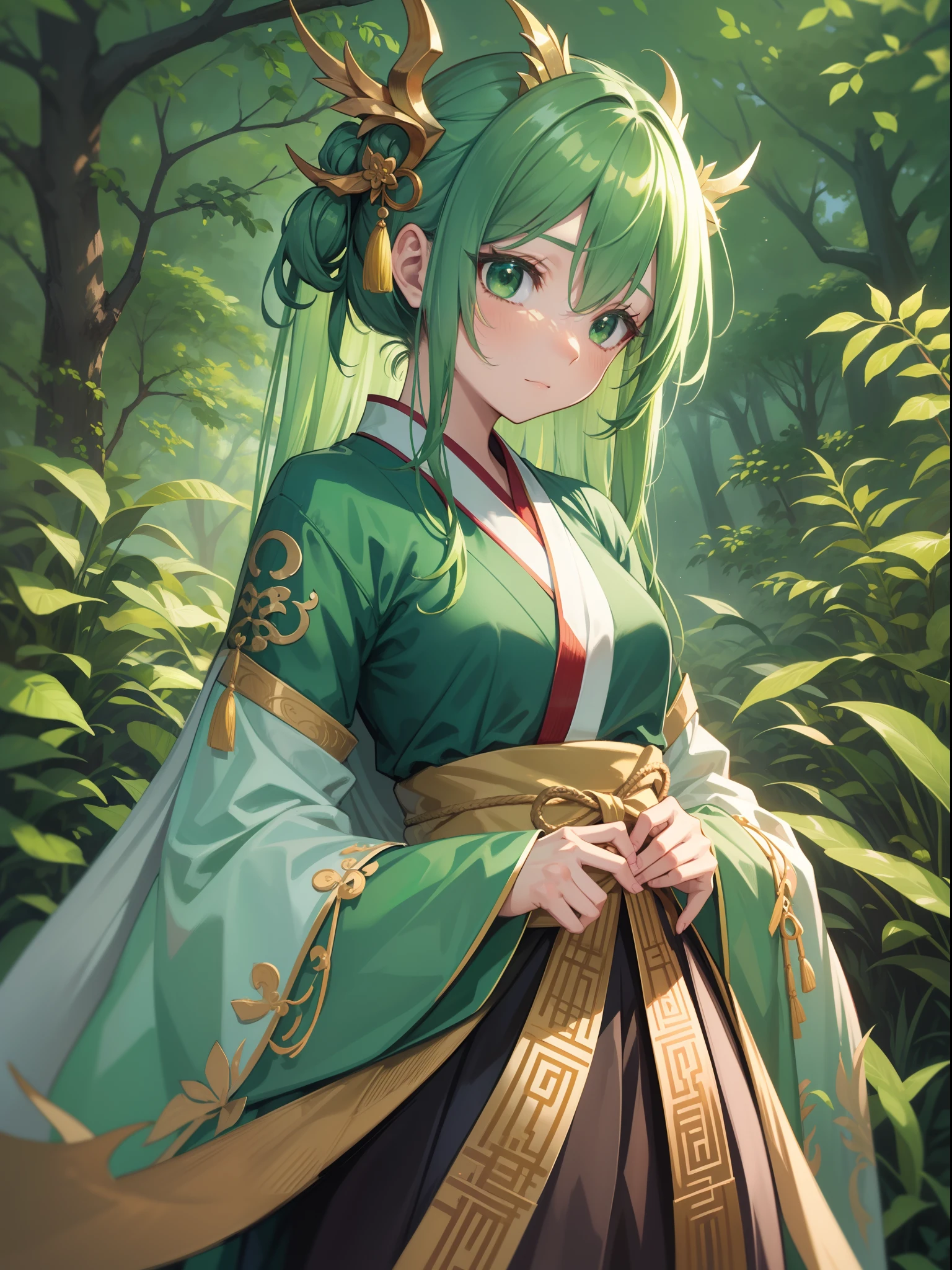 character portrait closeup，sketching，.tchibi，green pupills, full bodyesbian，standing on your feet，Robe，Hanfu，green color，Chinese dragon green background，full bodyesbian，Faraway view，Green forest dragon surrounds background，full bodyesbian，Fine face，Faraway view